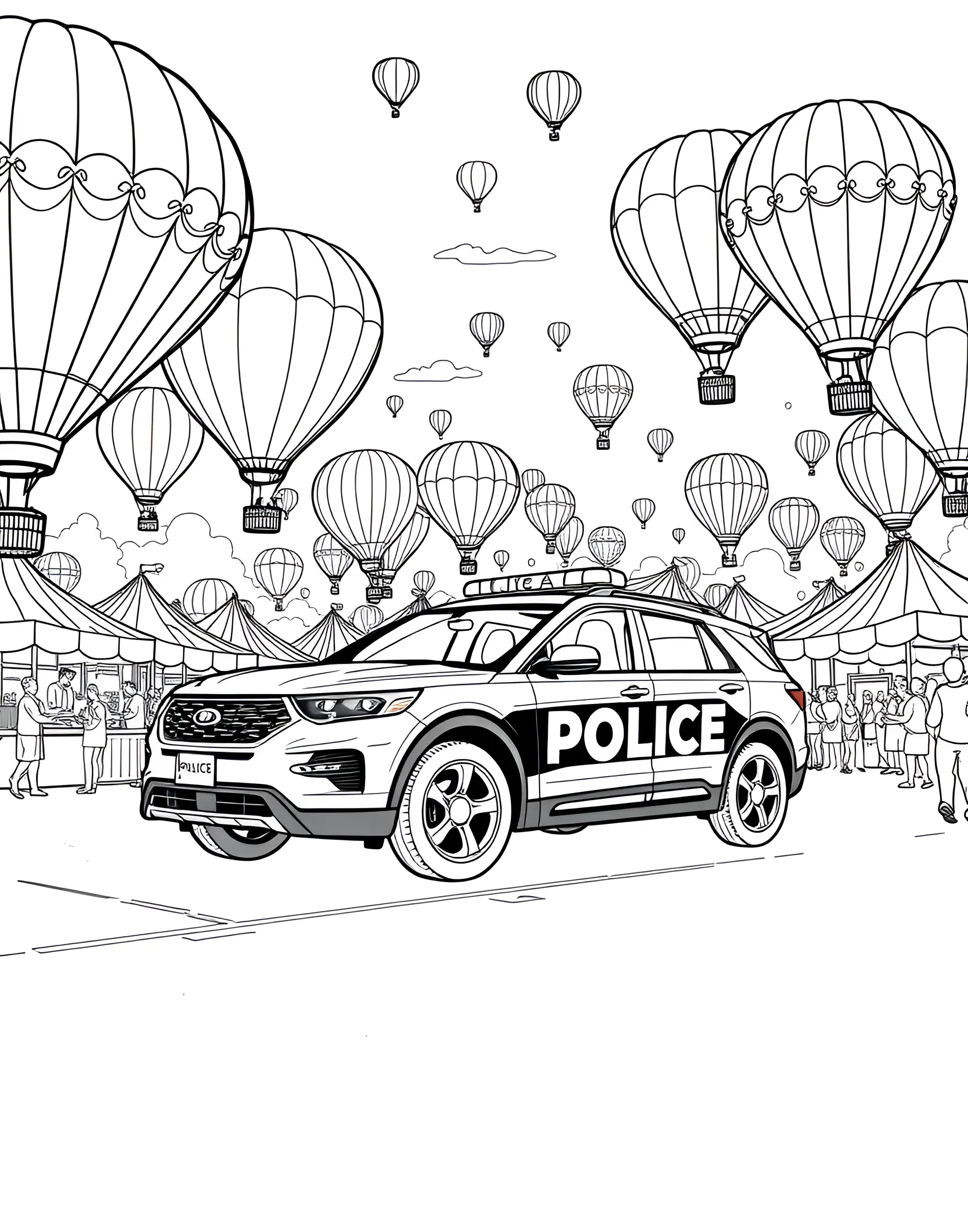 Police Car at a Hot Air Balloon Festival Coloring Page -- prompt: "A police car parked at a hot air balloon festival with colorful balloons taking off around it." -- This colorful and whimsical page shows a police car at a hot air balloon festival. Surrounded by balloons of various shapes and sizes taking off, it's a joyful scene that combines law enforcement with a fun community event.