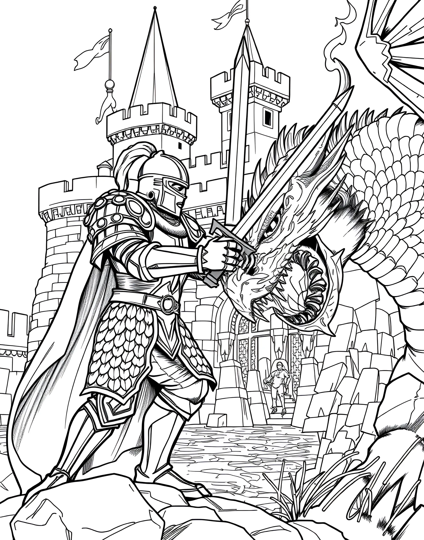 Mighty Knight and Dragon Coloring Page -- prompt: "A knight in shining armor facing a fire-breathing dragon near a castle." -- Enter a world of fantasy with this knight and dragon coloring page. A brave knight faces off against a fierce dragon, both poised for an epic battle. Boys can decide the outcome of this legendary confrontation as they bring the scene to life with color.