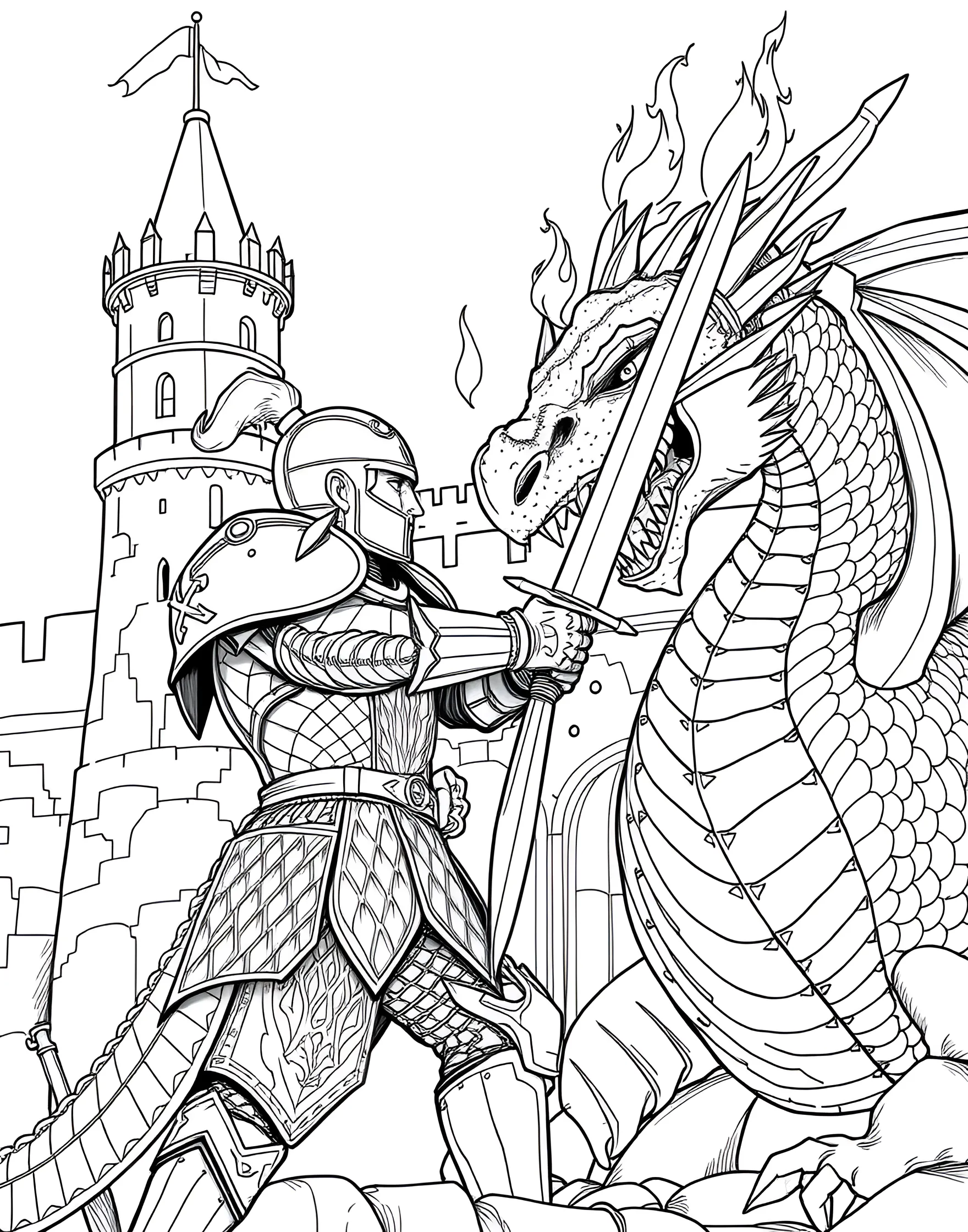 Mighty Knight and Dragon Coloring Page -- prompt: "A knight in shining armor facing a fire-breathing dragon near a castle." -- Enter a world of fantasy with this knight and dragon coloring page. A brave knight faces off against a fierce dragon, both poised for an epic battle. Boys can decide the outcome of this legendary confrontation as they bring the scene to life with color.