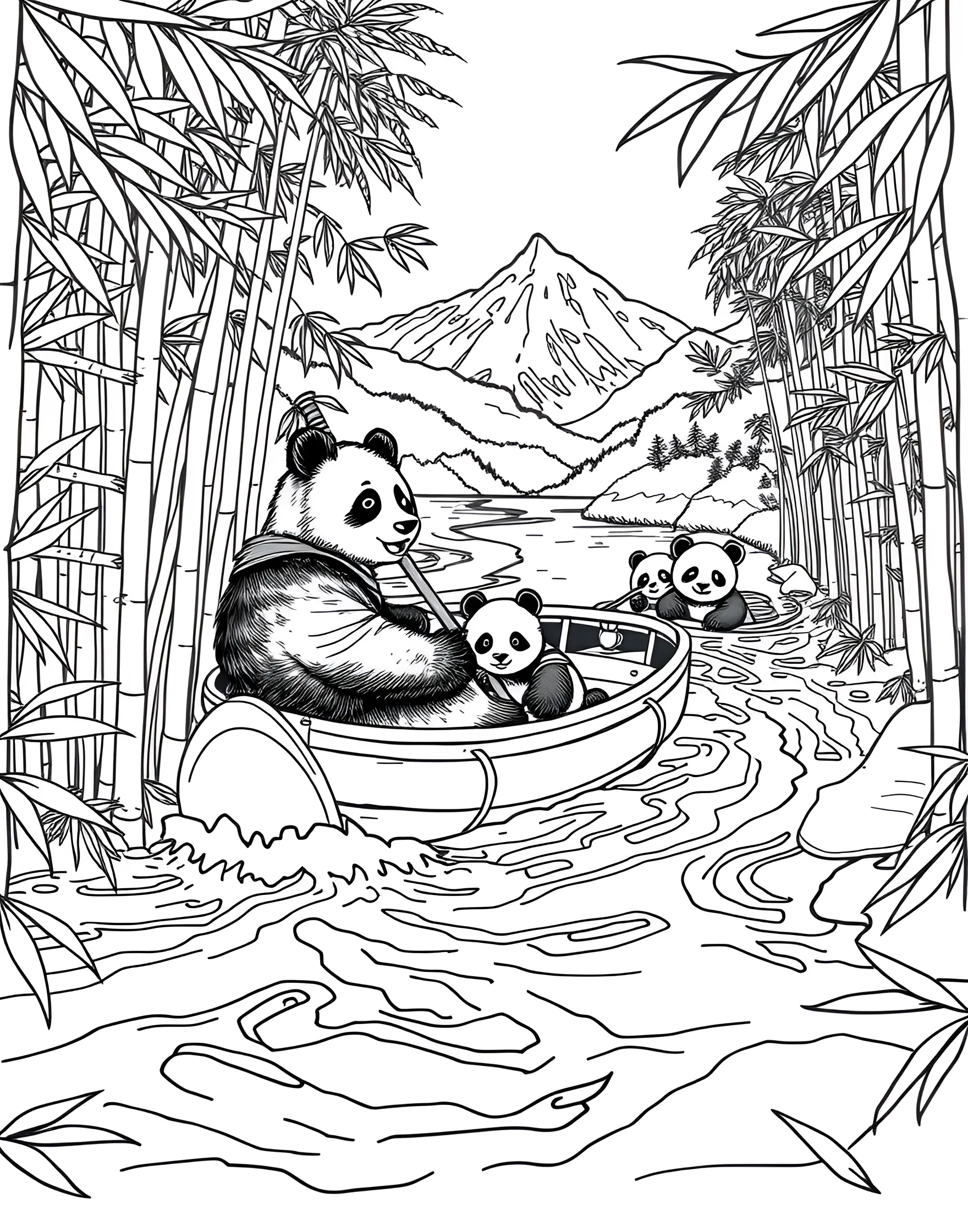 Panda's Bamboo Boat Adventure Coloring Page -- prompt: "A panda sailing a bamboo boat on a river with other pandas watching from a bamboo forest shore." -- Set sail with this imaginative panda coloring page. A brave panda captain stands at the helm of a boat crafted entirely from bamboo stalks and leaves. The surrounding water is depicted with wavy lines, while other pandas watch the adventure from the bamboo-lined shore.