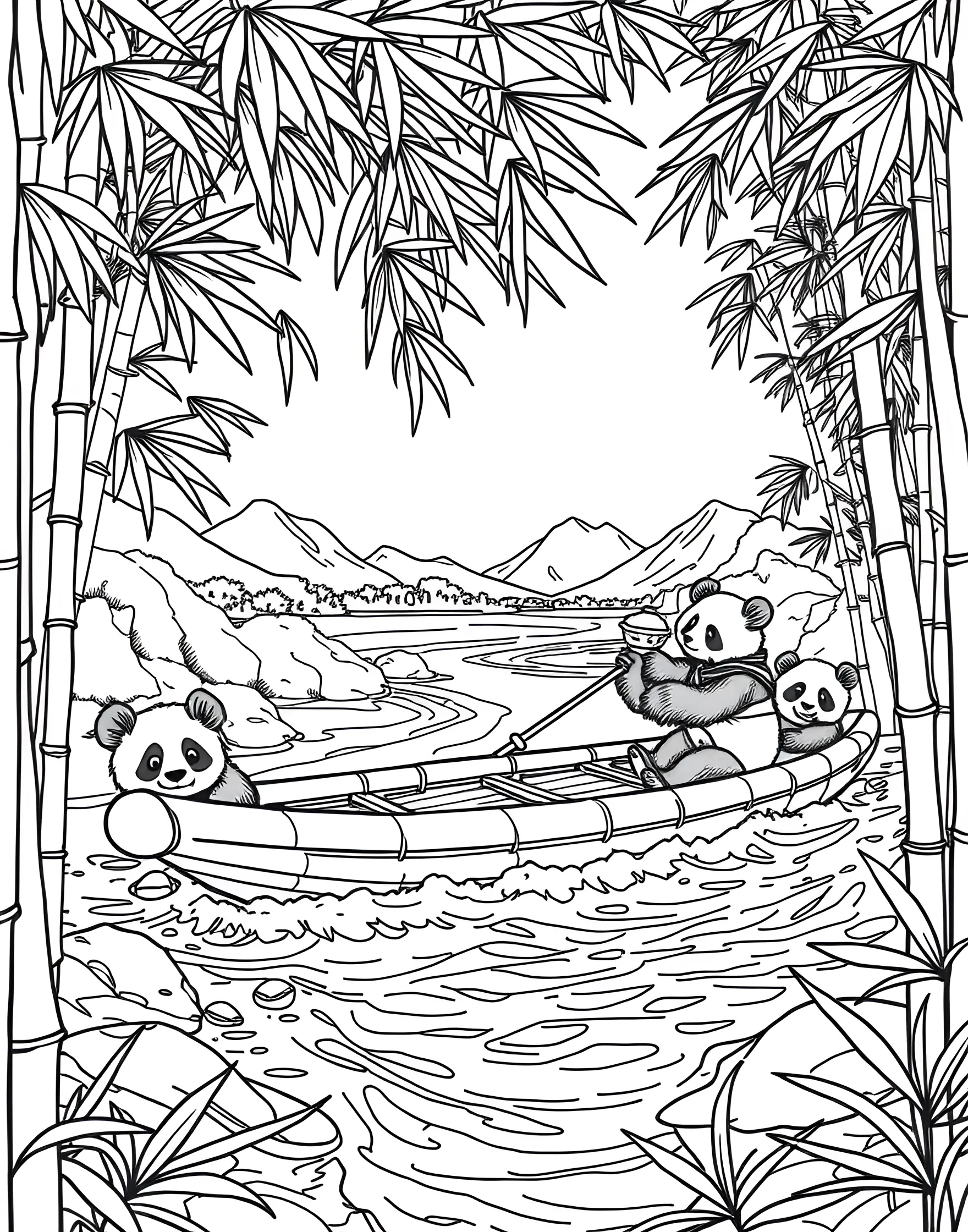 Panda's Bamboo Boat Adventure Coloring Page -- prompt: "A panda sailing a bamboo boat on a river with other pandas watching from a bamboo forest shore." -- Set sail with this imaginative panda coloring page. A brave panda captain stands at the helm of a boat crafted entirely from bamboo stalks and leaves. The surrounding water is depicted with wavy lines, while other pandas watch the adventure from the bamboo-lined shore.