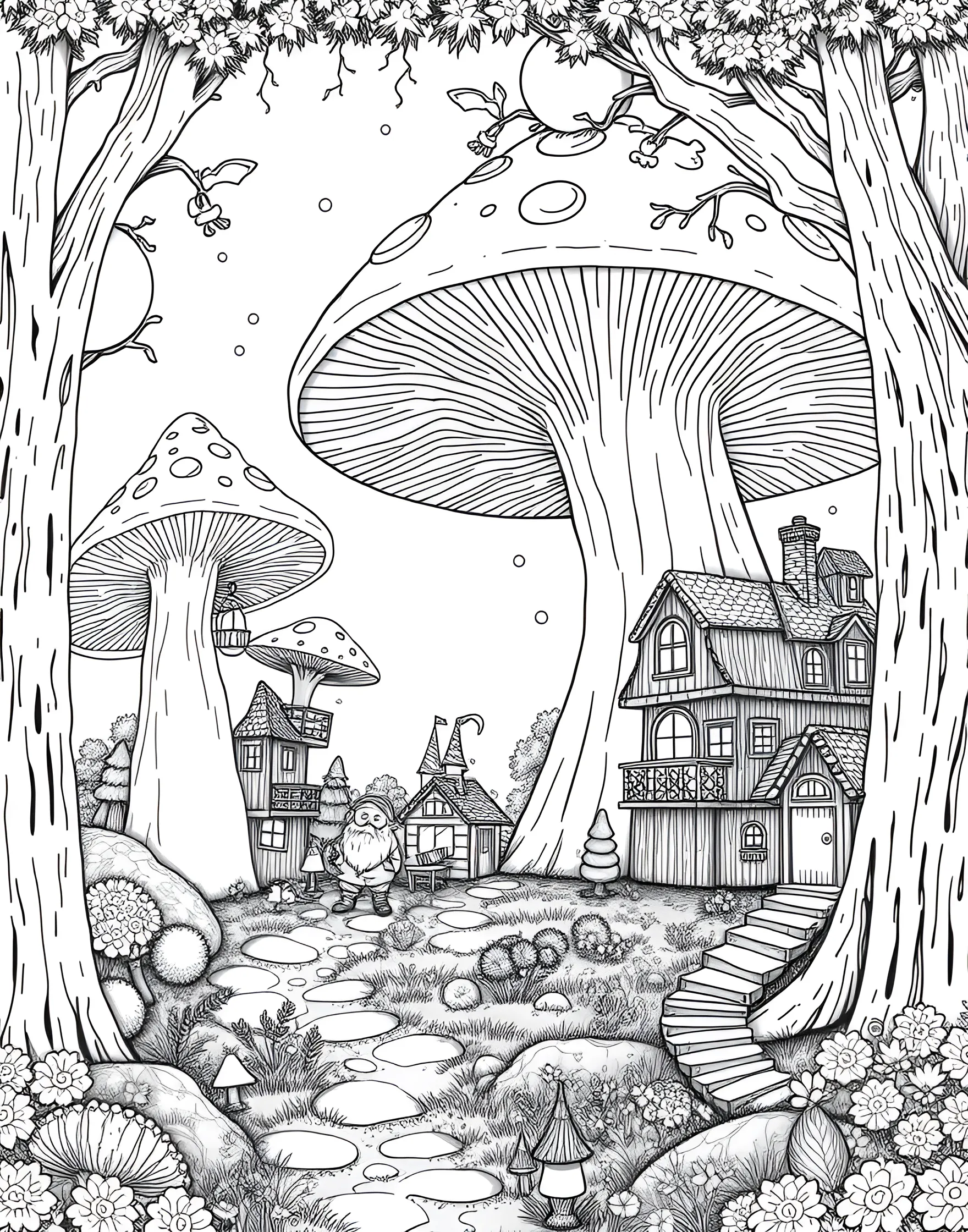 Mushroom Gnome Village Coloring Page -- prompt: "A village of gnome houses built into and around various large mushrooms in a forest clearing." -- Enter a whimsical world where gnomes and mushrooms coexist in this charming village scene. Tiny gnome houses are built into and around colorful mushrooms, creating a bustling miniature community. This page sparks imagination and is perfect for those who love fantasy and fairy tale themes.