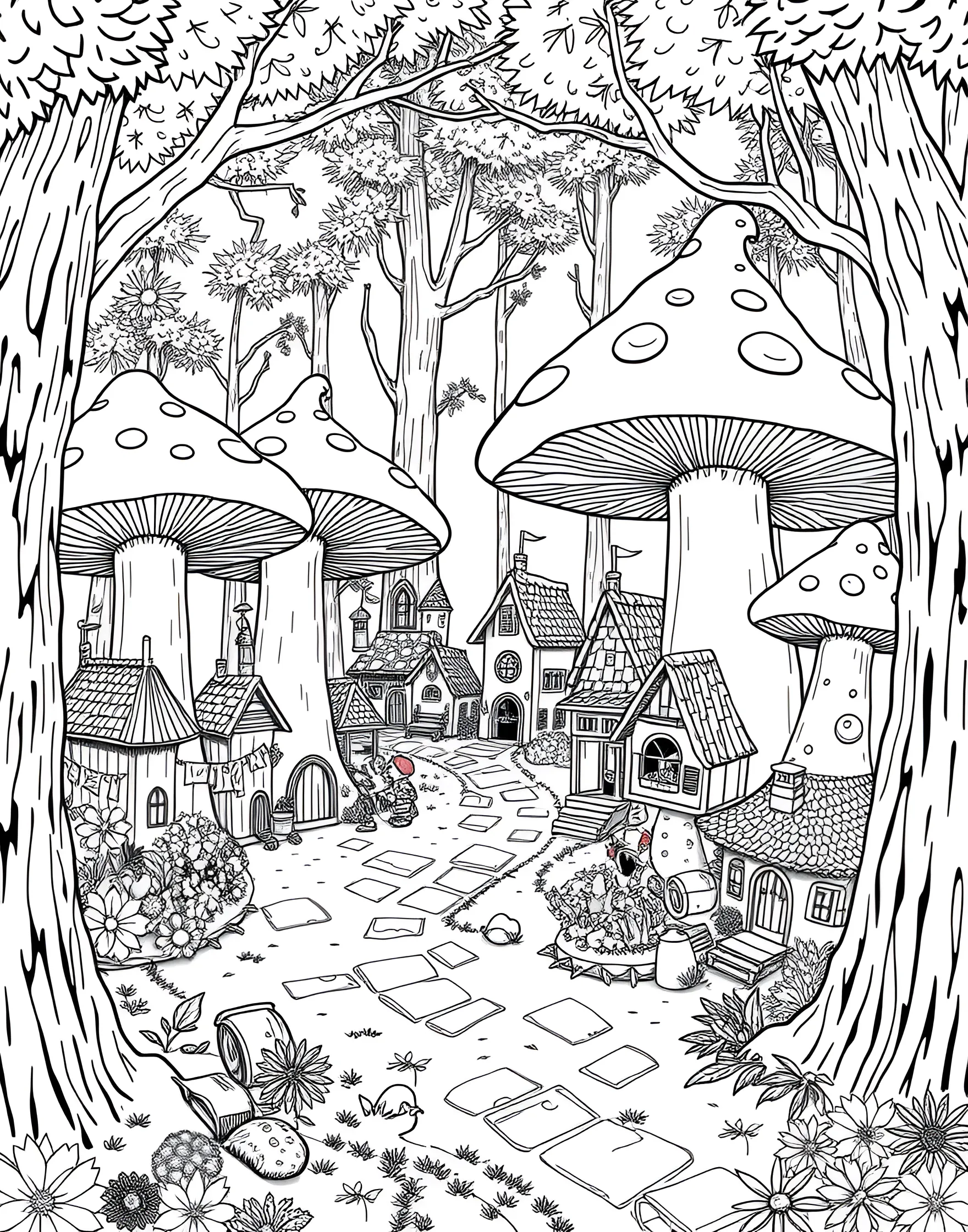 Mushroom Gnome Village Coloring Page -- prompt: "A village of gnome houses built into and around various large mushrooms in a forest clearing." -- Enter a whimsical world where gnomes and mushrooms coexist in this charming village scene. Tiny gnome houses are built into and around colorful mushrooms, creating a bustling miniature community. This page sparks imagination and is perfect for those who love fantasy and fairy tale themes.