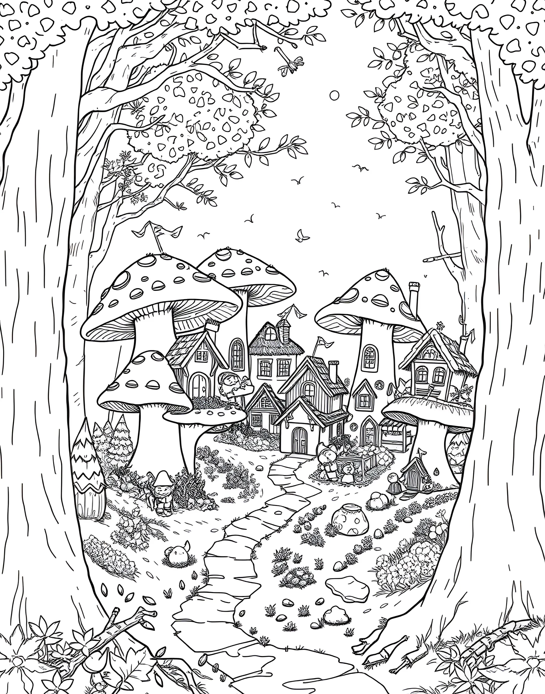 Mushroom Gnome Village Coloring Page -- prompt: "A village of gnome houses built into and around various large mushrooms in a forest clearing." -- Enter a whimsical world where gnomes and mushrooms coexist in this charming village scene. Tiny gnome houses are built into and around colorful mushrooms, creating a bustling miniature community. This page sparks imagination and is perfect for those who love fantasy and fairy tale themes.