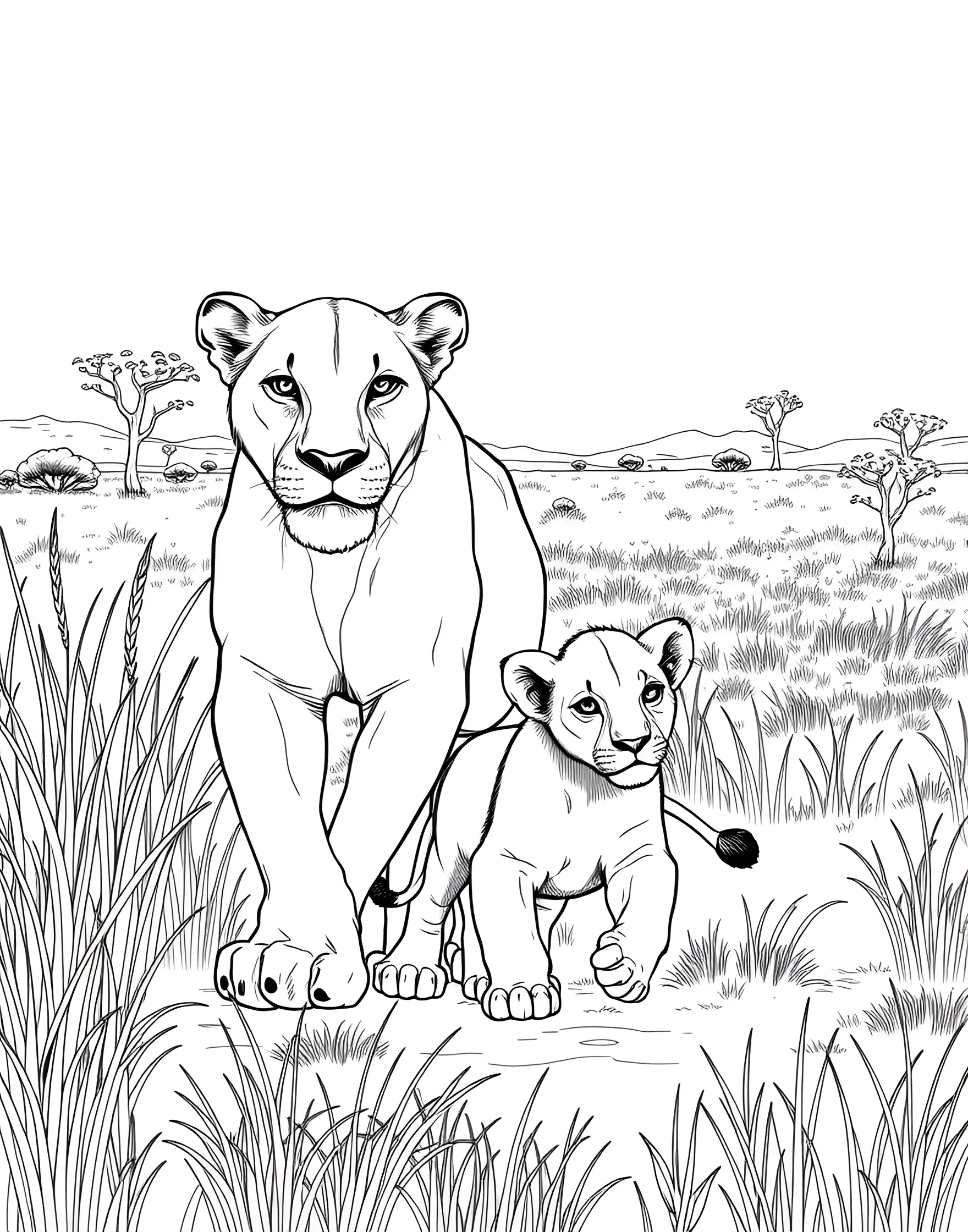 Lion Cub First Steps Coloring Page -- prompt: "A young lion cub taking its first steps with its mother watching nearby in a grassy savanna setting." -- This heartwarming coloring page shows a tiny lion cub taking its first wobbly steps. The mother lioness watches protectively nearby, creating a touching scene of growth and care. It's perfect for those who enjoy coloring cute and meaningful moments in animal life.