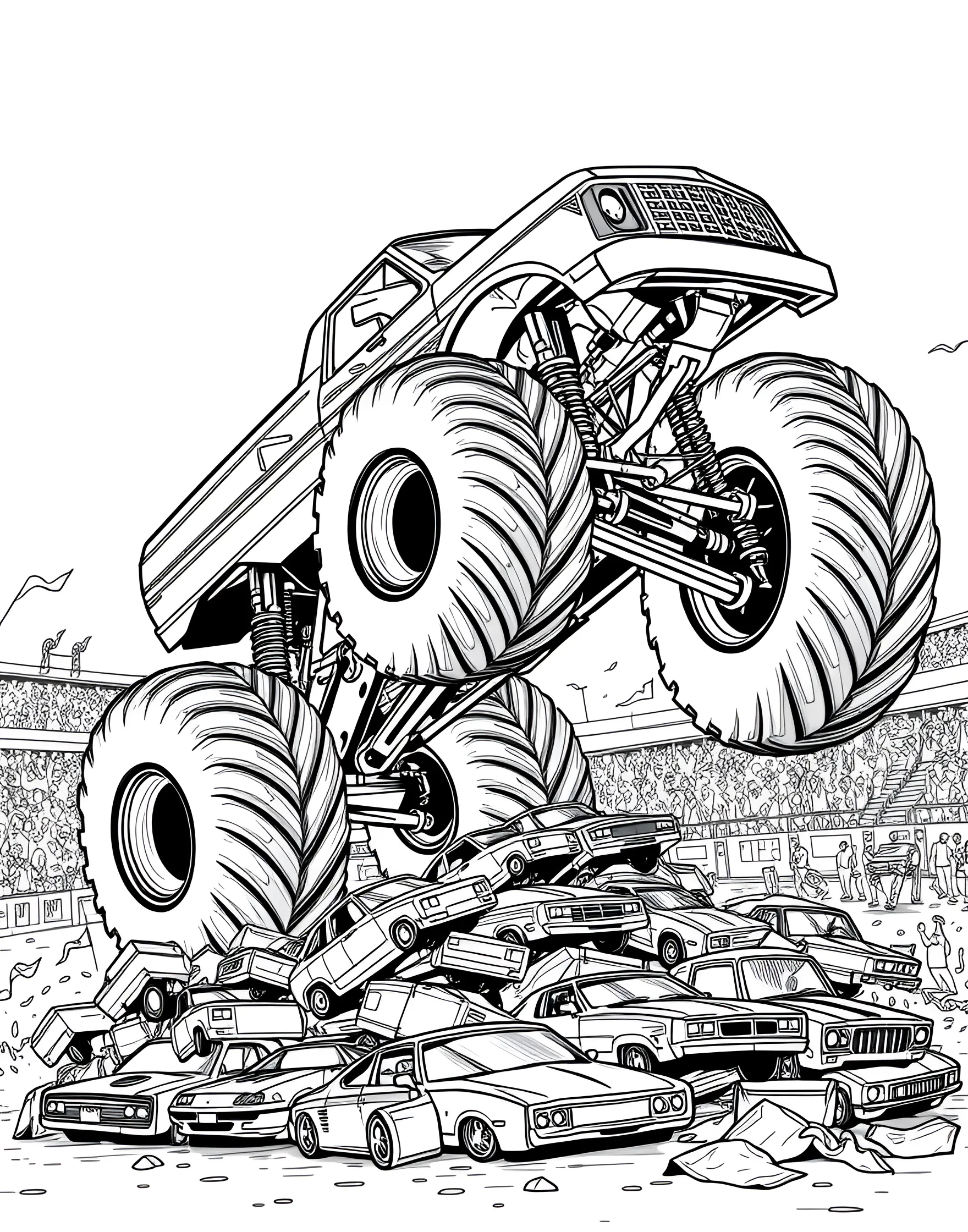 Monster Truck Rally Coloring Page -- prompt: "A monster truck jumping over crushed cars in a stadium full of spectators." -- Feel the ground shake with this monster truck rally coloring page. A massive monster truck soars over crushed cars, ready to make a spectacular landing. Boys who love big vehicles and high-octane action will be thrilled to color this exciting scene.