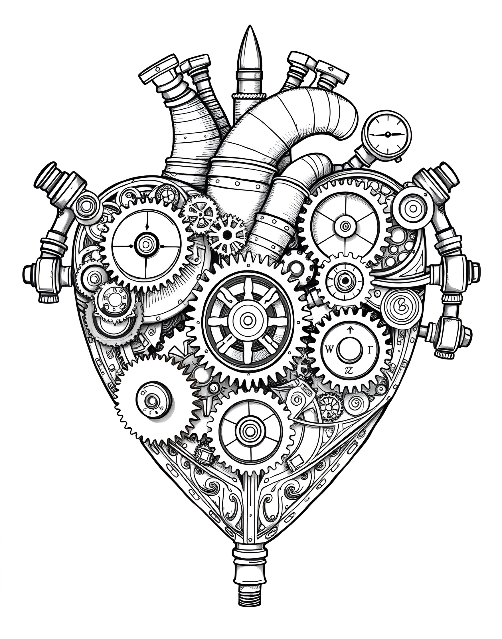 Steampunk Heart Coloring Page -- prompt: "A heart made of various steampunk elements like gears, cogs, and metalwork." -- For those who love a touch of fantasy and mechanical wonder, this steampunk-inspired heart coloring page is a perfect choice. Gears, cogs, and intricate metalwork form the shape of a heart, blending Victorian-era aesthetics with imaginative design. This page offers a unique and challenging coloring experience for enthusiasts of the steampunk genre.