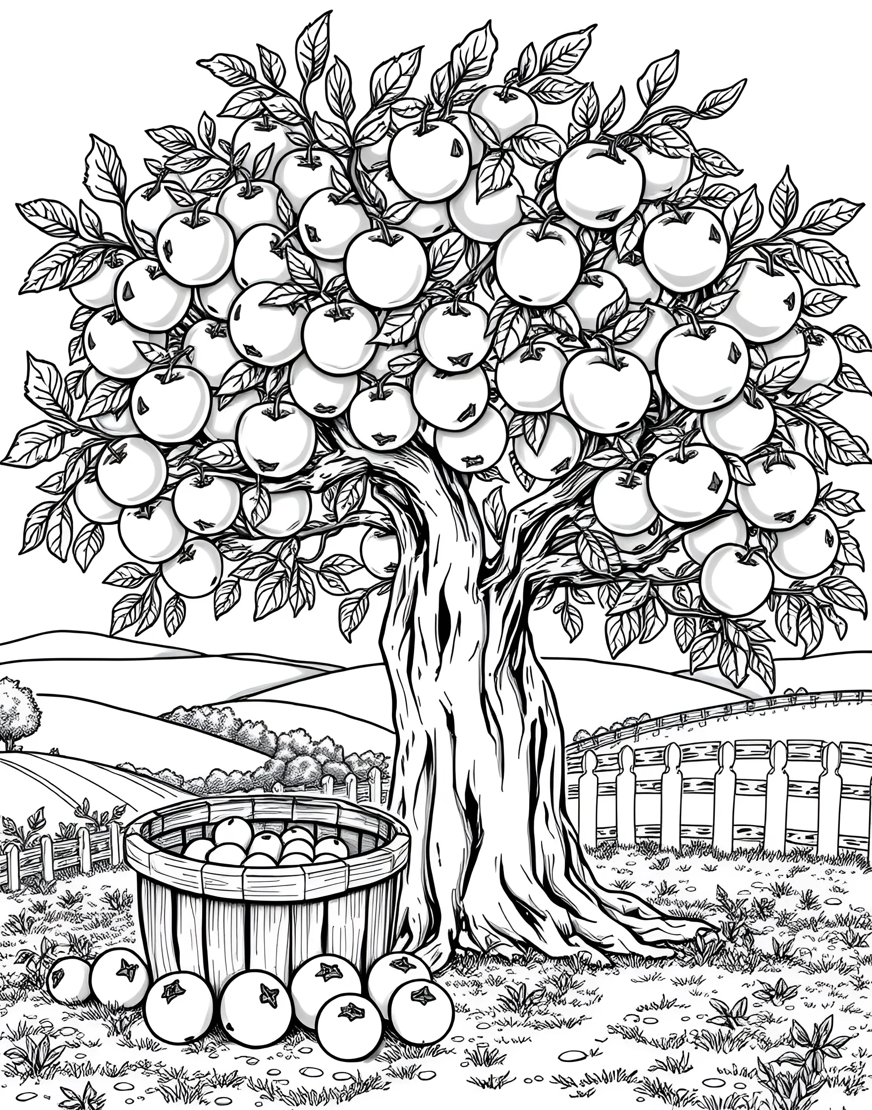 Apple Orchard Adventure Coloring Page -- prompt: "A scenic apple orchard with a large apple tree full of ripe apples and a basket in the foreground." -- Embark on a delightful journey through an apple orchard with this charming coloring page. The scene features a lush apple tree heavy with ripe, round apples ready for picking. In the foreground, a cheerful basket awaits to be filled with the crisp, juicy fruits.