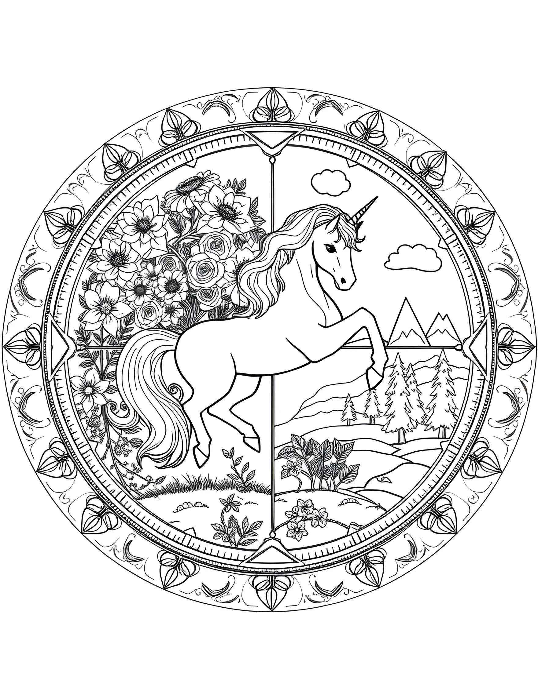 Unicorn and the Four Seasons Coloring Page -- prompt: "A circular design divided into four sections, each showing a unicorn in a different season: spring, summer, autumn, and winter." -- Experience the changing of seasons with this dynamic coloring page featuring a unicorn through all four seasons. The page is divided into quarters, each representing a different season with the unicorn at its center. This page is ideal for those who appreciate nature's cycles and variety in their coloring.