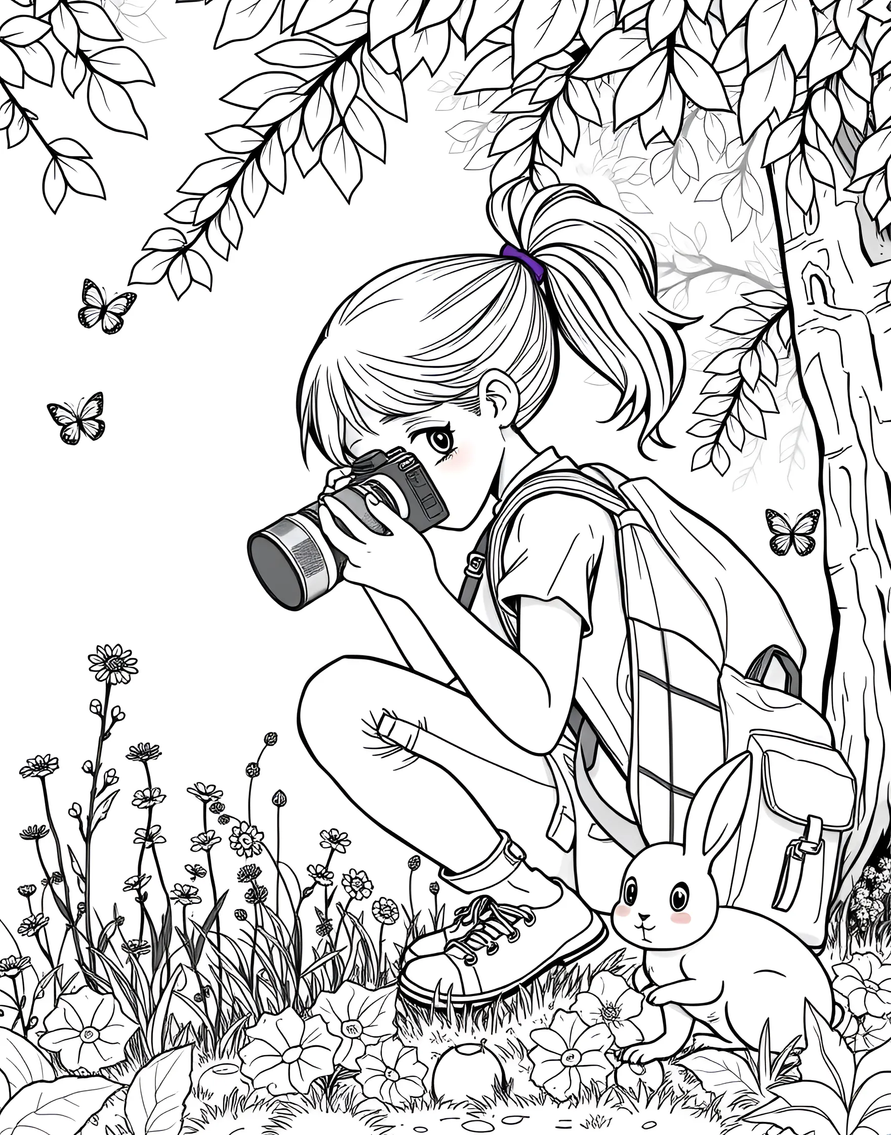 Young Photographer Capturing Nature Coloring Page -- prompt: "A girl photographer taking pictures of flowers and wildlife in a natural outdoor setting." -- Focus on creativity with this inspiring photographer coloring page. A young girl kneels with her camera, photographing beautiful flowers and wildlife in a natural setting. The detailed camera, diverse flora and fauna, and picturesque landscape offer plenty of elements to color while encouraging an appreciation for nature and art.