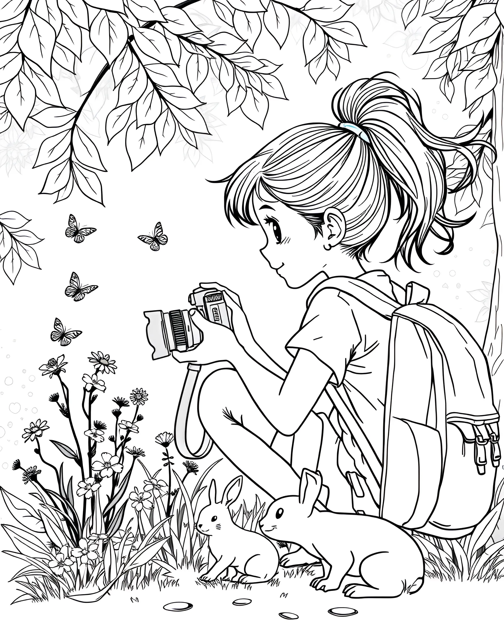 Young Photographer Capturing Nature Coloring Page -- prompt: "A girl photographer taking pictures of flowers and wildlife in a natural outdoor setting." -- Focus on creativity with this inspiring photographer coloring page. A young girl kneels with her camera, photographing beautiful flowers and wildlife in a natural setting. The detailed camera, diverse flora and fauna, and picturesque landscape offer plenty of elements to color while encouraging an appreciation for nature and art.