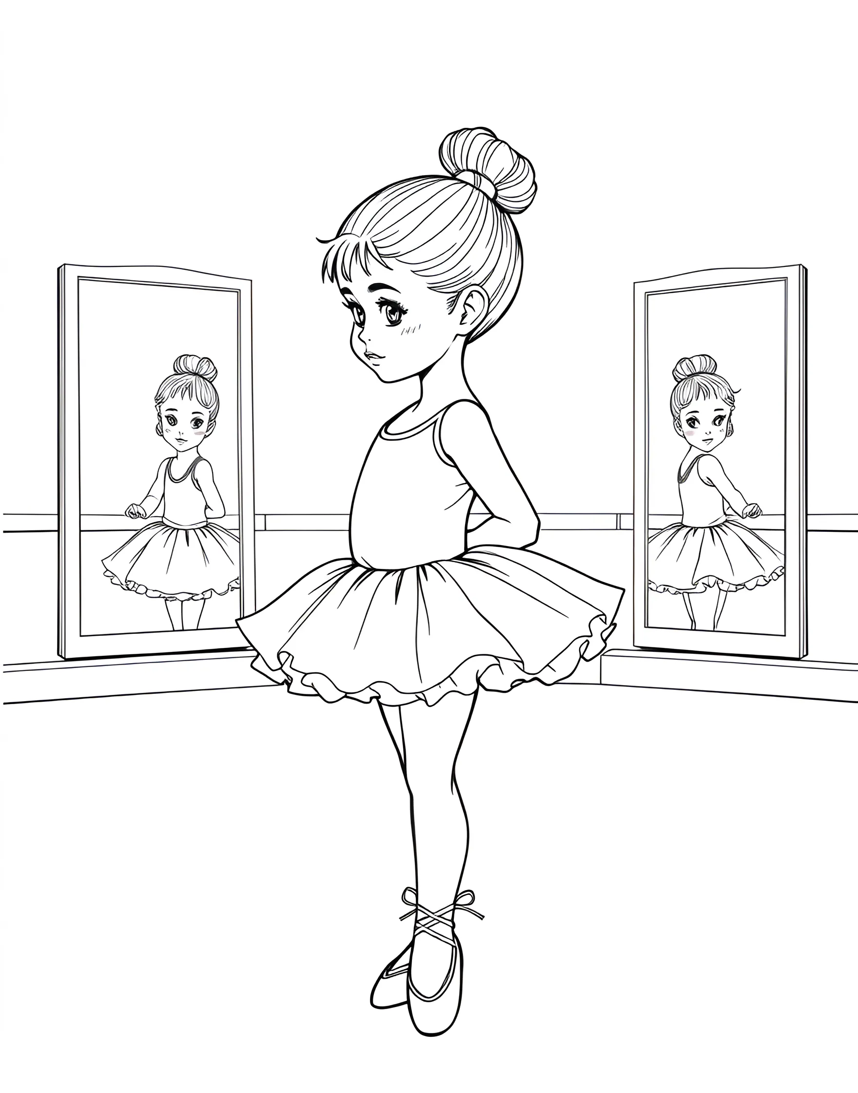 Ballerina's First Recital Coloring Page -- prompt: "A young ballerina in a simple tutu and ballet slippers, standing in first position with a nervous but excited expression." -- Capture the excitement of a young ballerina's first recital with this heartwarming coloring page. The little dancer stands poised and ready, her face beaming with anticipation. Her tutu and ballet slippers are waiting to be brought to life with vibrant colors, making this page perfect for young dance enthusiasts.