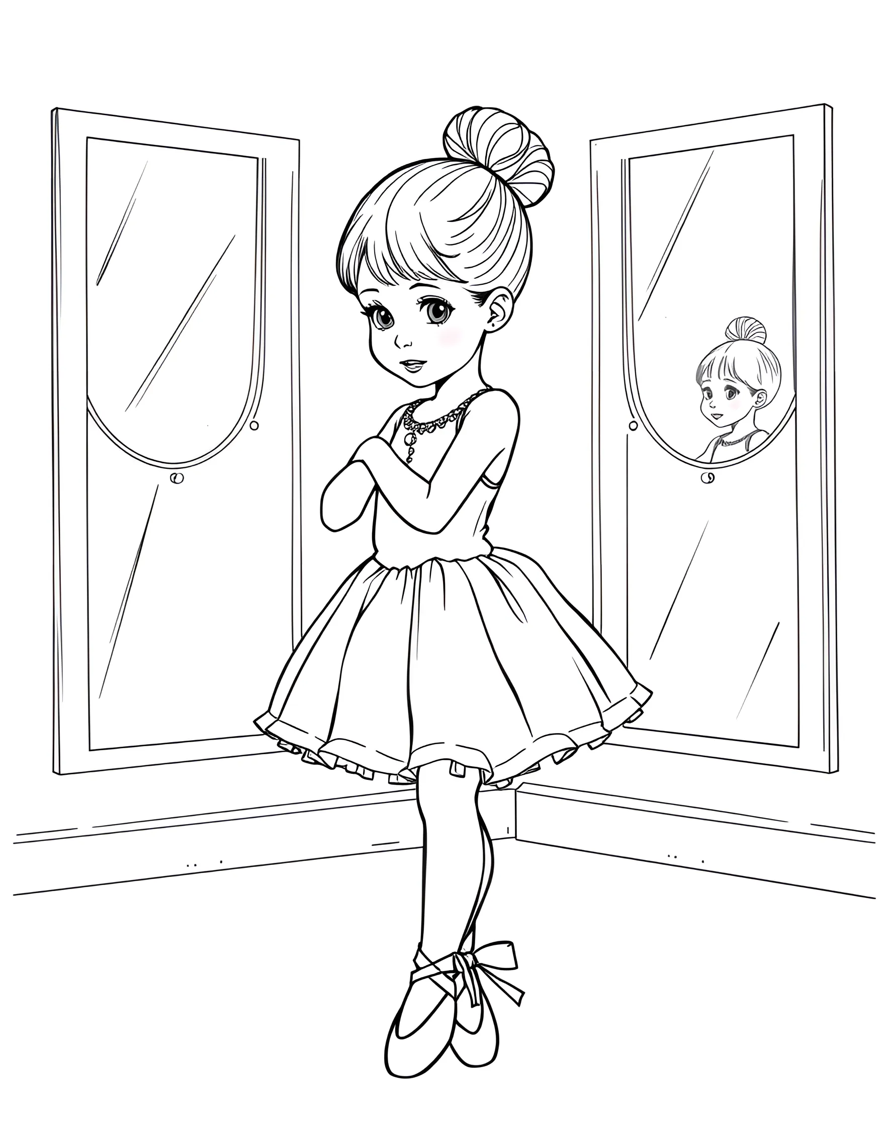 Ballerina's First Recital Coloring Page -- prompt: "A young ballerina in a simple tutu and ballet slippers, standing in first position with a nervous but excited expression." -- Capture the excitement of a young ballerina's first recital with this heartwarming coloring page. The little dancer stands poised and ready, her face beaming with anticipation. Her tutu and ballet slippers are waiting to be brought to life with vibrant colors, making this page perfect for young dance enthusiasts.