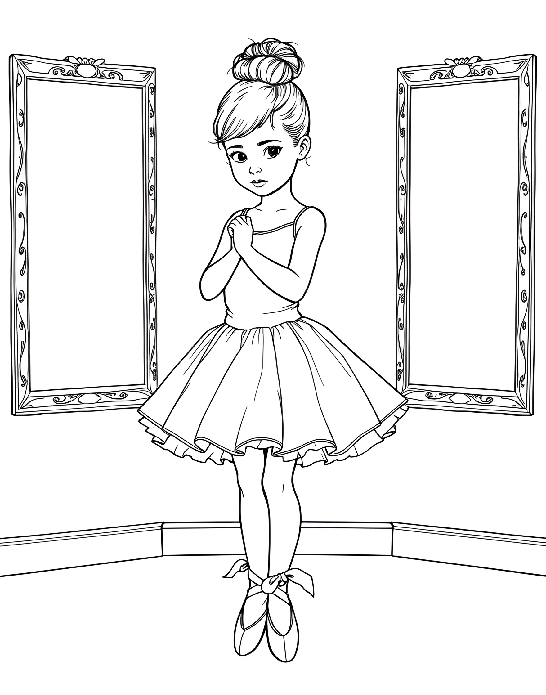 Ballerina's First Recital Coloring Page -- prompt: "A young ballerina in a simple tutu and ballet slippers, standing in first position with a nervous but excited expression." -- Capture the excitement of a young ballerina's first recital with this heartwarming coloring page. The little dancer stands poised and ready, her face beaming with anticipation. Her tutu and ballet slippers are waiting to be brought to life with vibrant colors, making this page perfect for young dance enthusiasts.