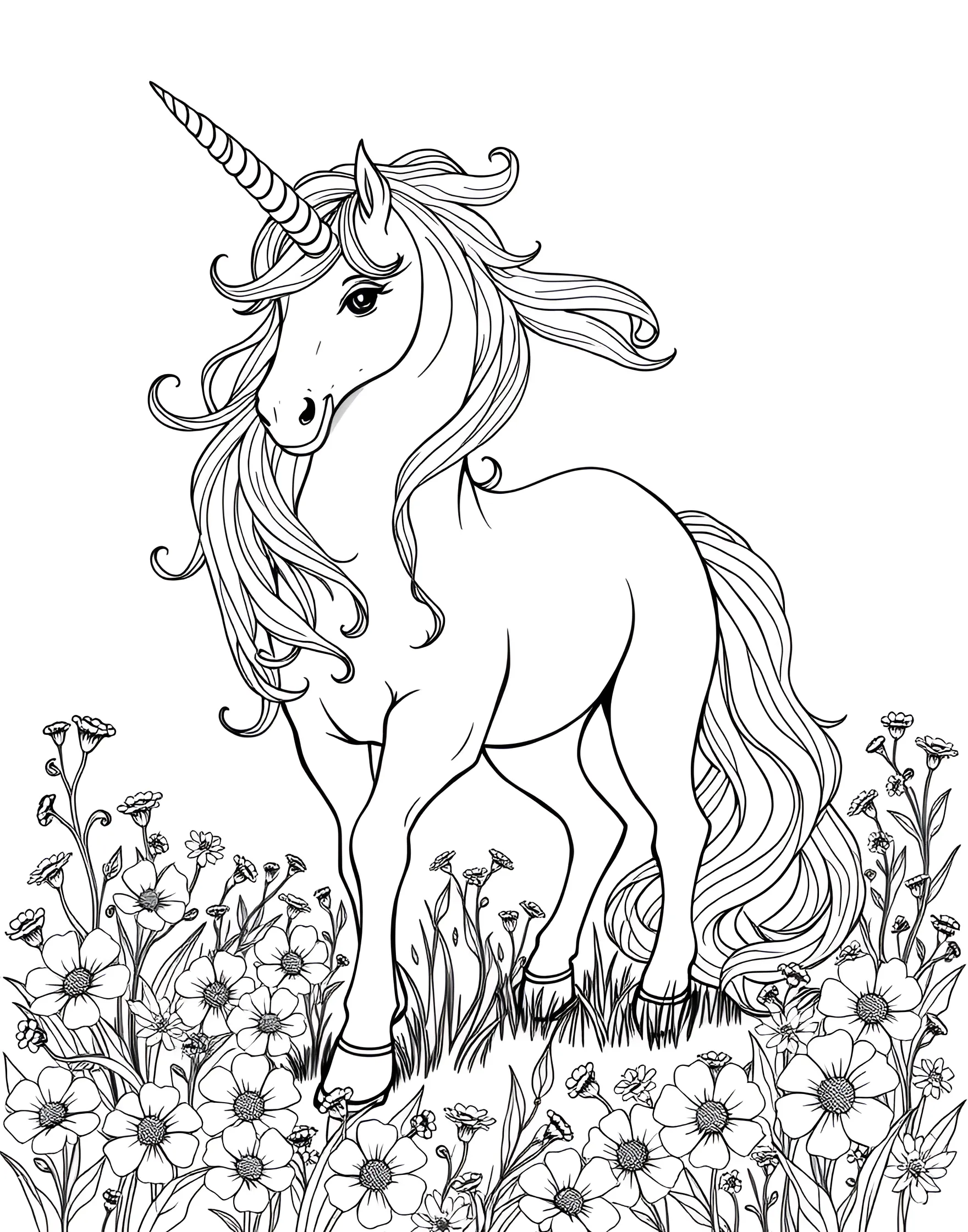 Rainbow Unicorn Coloring Page -- prompt: "A unicorn with a flowing mane and tail colored like a rainbow, standing in a meadow." -- Enter a world of fantasy with this majestic rainbow unicorn. The flowing mane and tail offer plenty of space for rainbow coloring. This page is sure to be a hit with unicorn enthusiasts and those who love mythical creatures.