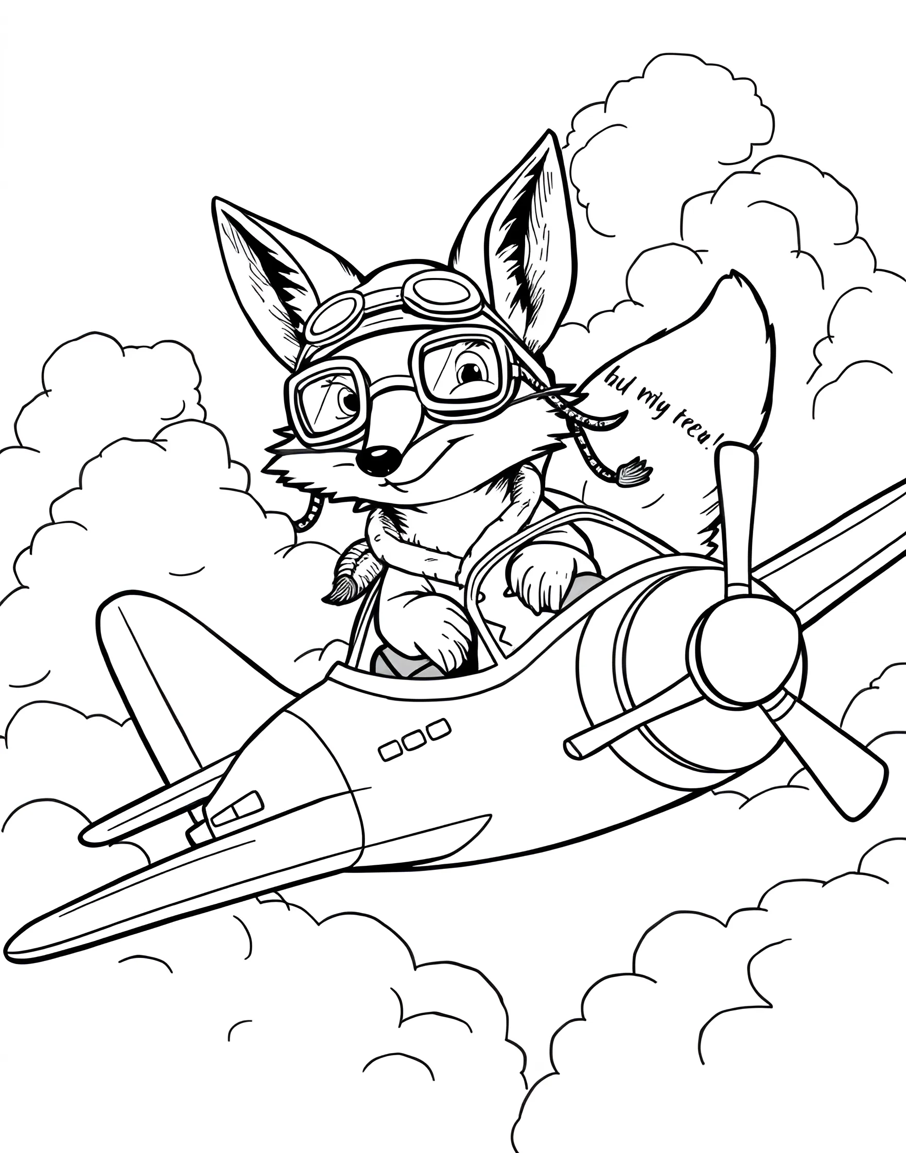 Fox Pilot Flying a Plane Coloring Page -- prompt: "A fox wearing a pilot's cap and goggles, flying a plane through a cloudy sky." -- Soar through the skies with this adventurous coloring page of a fox pilot. The fox is depicted in the cockpit of an airplane, wearing aviator goggles and a scarf, with clouds and birds visible through the window. It's a great page for aviation enthusiasts and those who love creating dynamic sky scenes.