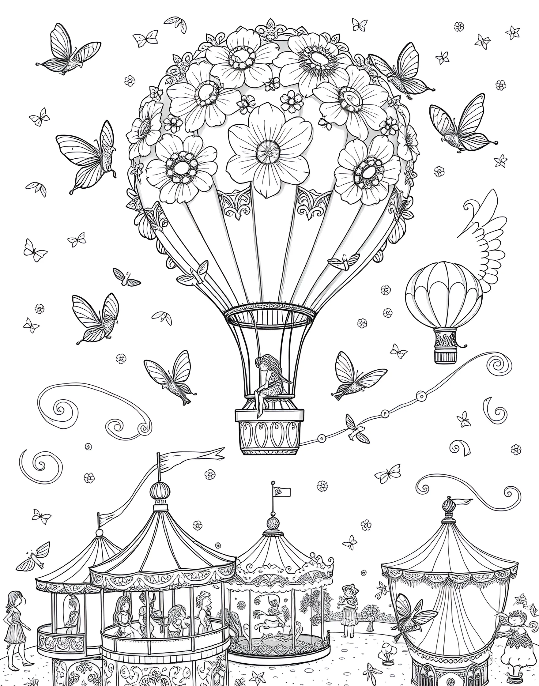 Fairy Hot Air Balloon Festival Coloring Page -- prompt: "A fairy hot air balloon festival with balloons made from flowers and gossamer, fairy pilots, and a fairground atmosphere below." -- Take to the skies with this whimsical coloring page depicting a fairy hot air balloon festival. The air is filled with colorful balloons made from inverted flowers and delicate gossamer, each piloted by excited fairies. On the ground, a festive atmosphere reigns with fairy food stalls and games, offering a joyful scene packed with details to color.