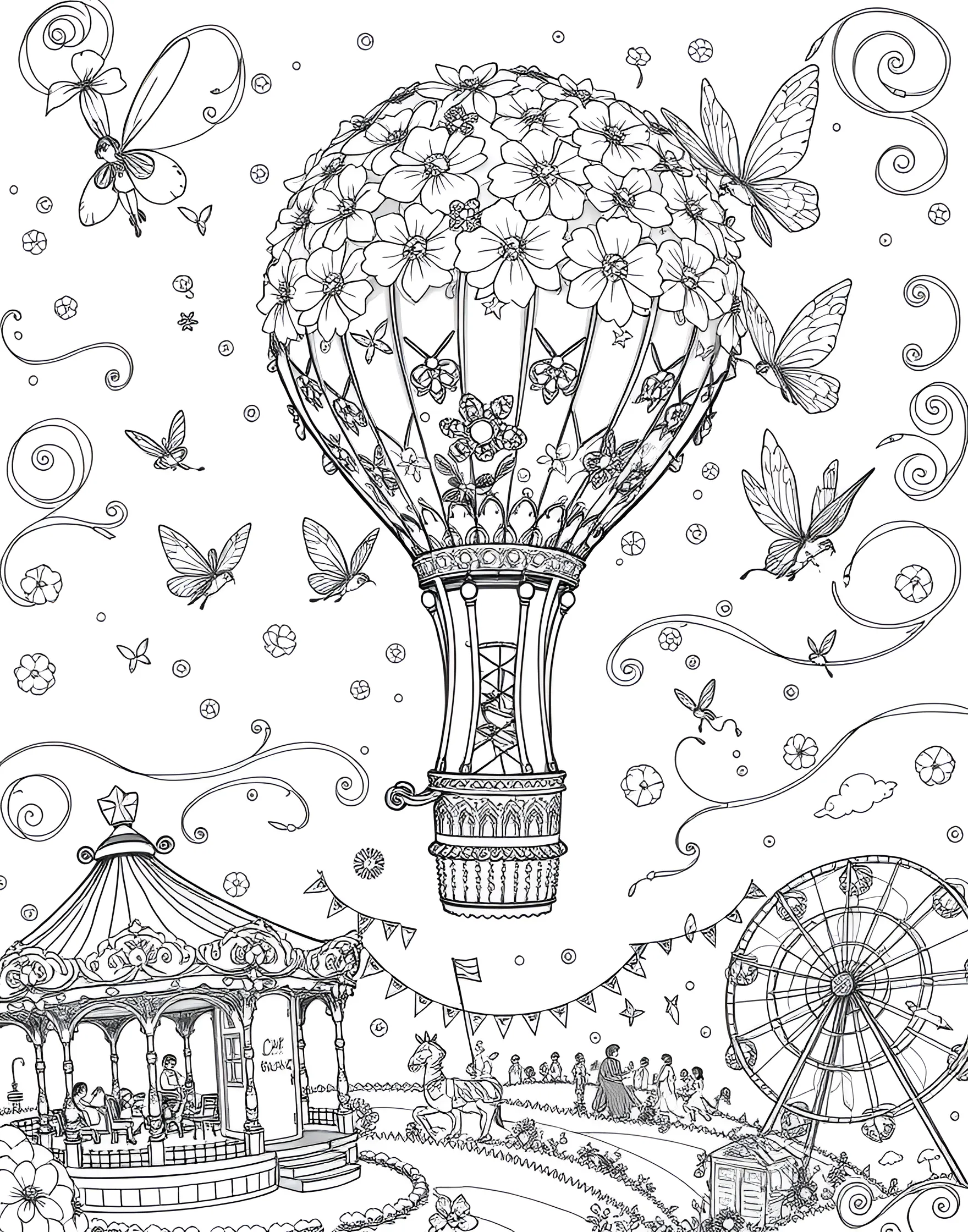 Fairy Hot Air Balloon Festival Coloring Page -- prompt: "A fairy hot air balloon festival with balloons made from flowers and gossamer, fairy pilots, and a fairground atmosphere below." -- Take to the skies with this whimsical coloring page depicting a fairy hot air balloon festival. The air is filled with colorful balloons made from inverted flowers and delicate gossamer, each piloted by excited fairies. On the ground, a festive atmosphere reigns with fairy food stalls and games, offering a joyful scene packed with details to color.