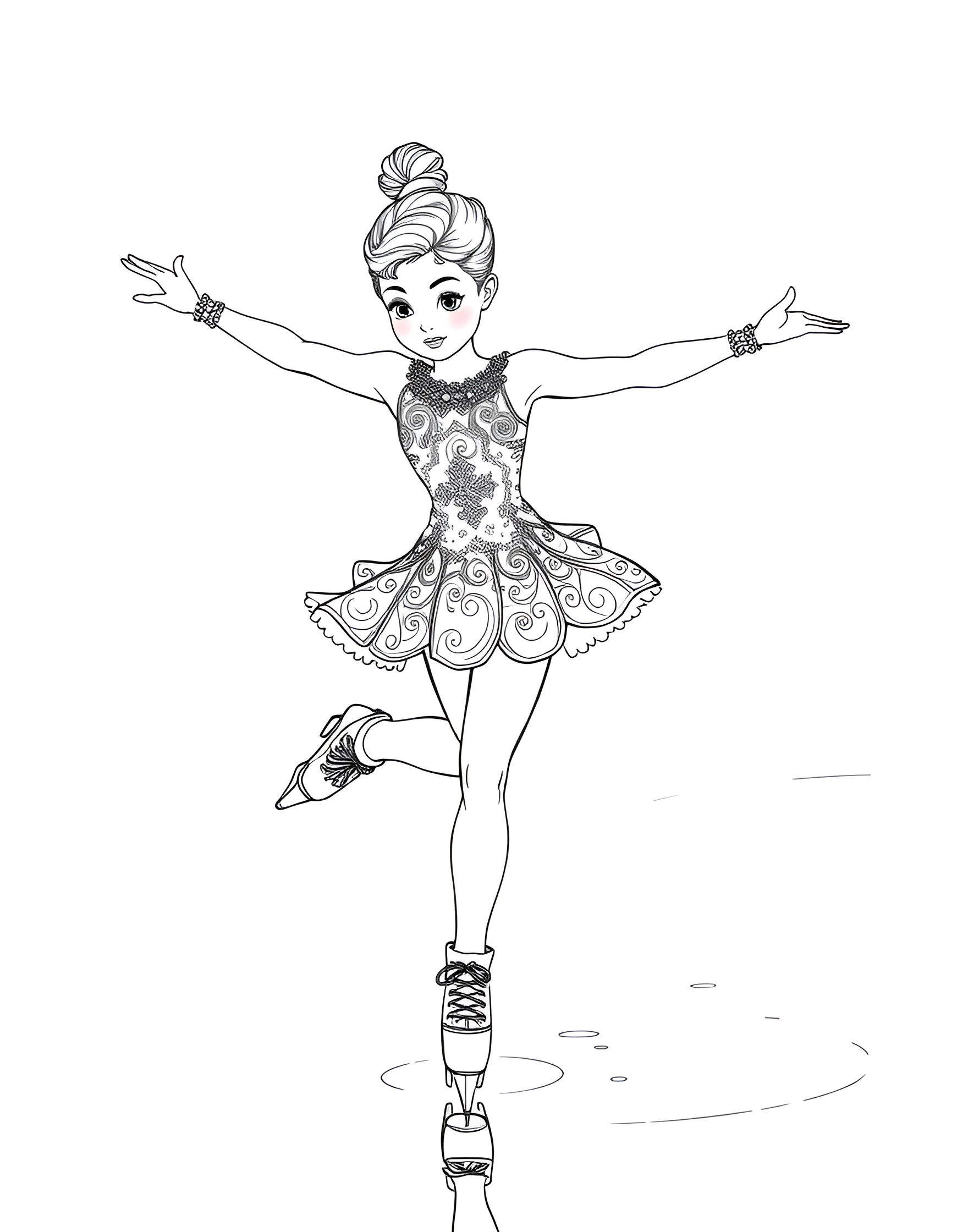 Girl Ice Skater Performing a Spin Coloring Page -- prompt: "A girl figure skater performing a spin on an ice rink, wearing a sparkly costume." -- Glide into grace with this coloring page of a girl ice skater. She's shown mid-spin on the ice, her costume sparkling and arms gracefully extended. This page celebrates the beauty and athleticism of figure skating.