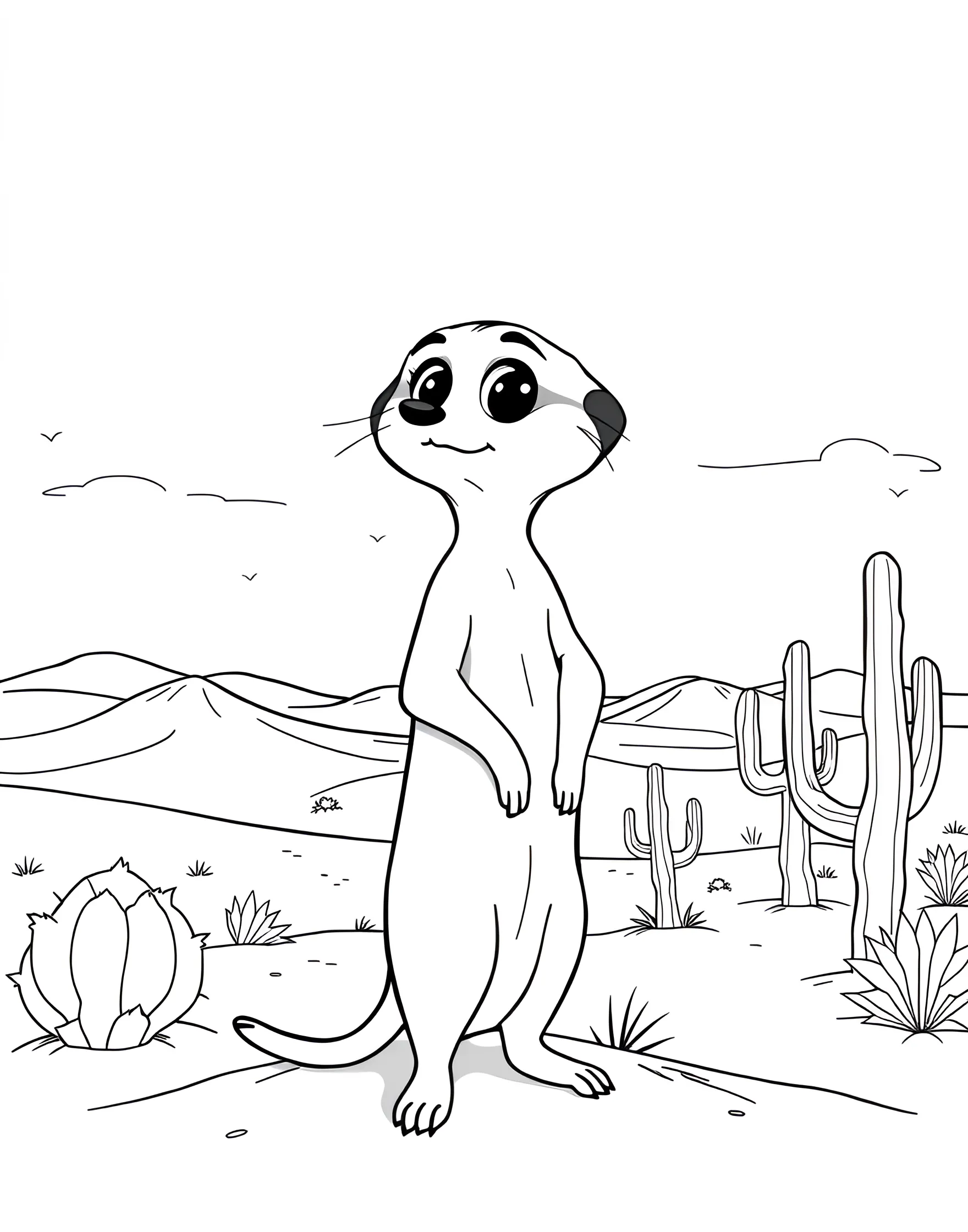 Curious Meerkat on Lookout Duty Coloring Page -- prompt: "A cartoon meerkat standing on its hind legs, looking alert with a desert landscape and cacti in the background." -- This endearing coloring page depicts an alert meerkat standing upright on its hind legs, keeping watch. The meerkat's slender body and attentive posture are charmingly illustrated. This page is perfect for bringing a touch of African savanna to your coloring adventures.