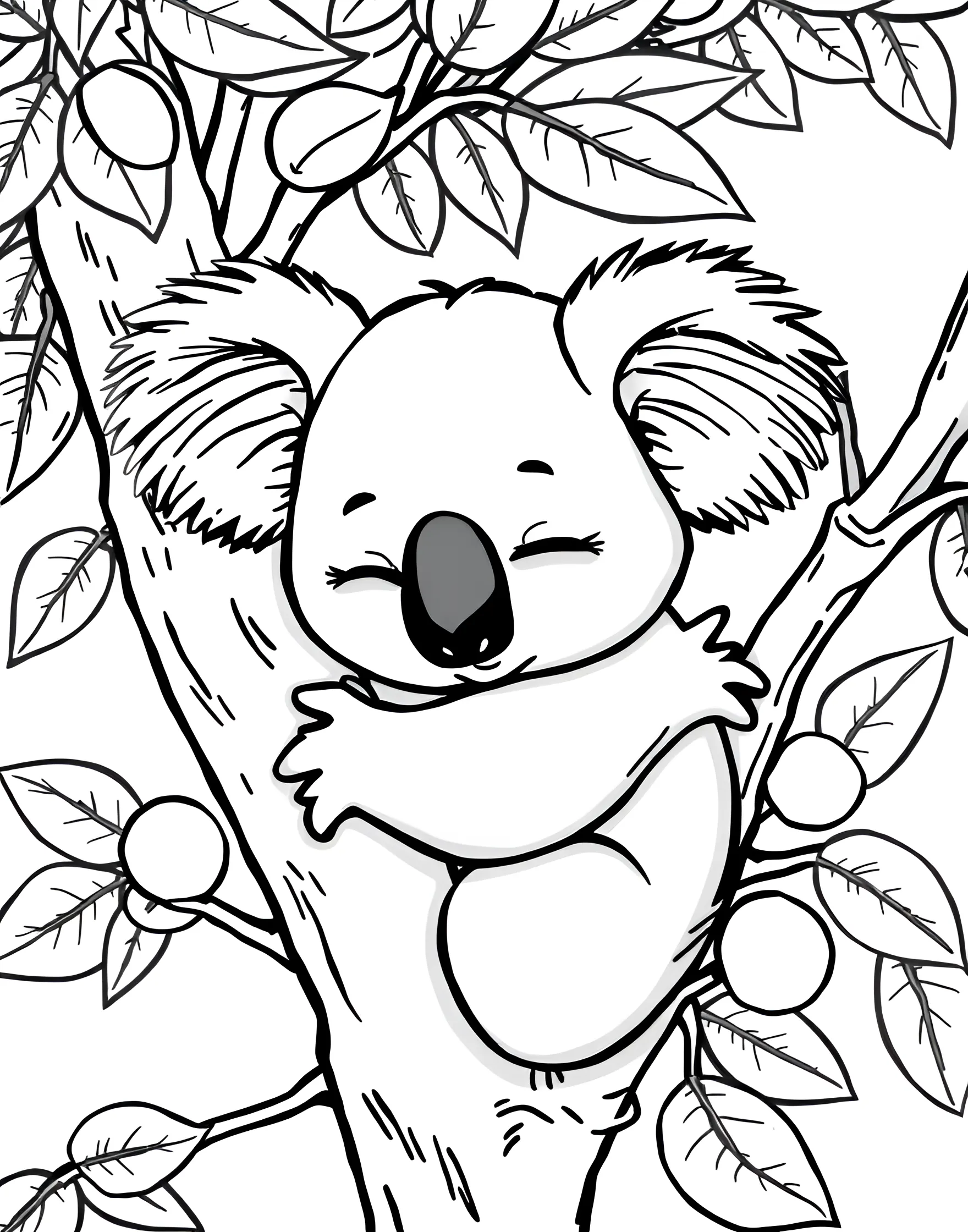 Sleepy Koala in a Eucalyptus Tree Coloring Page -- prompt: "A cartoon koala with its eyes half-closed, hugging a eucalyptus branch with leaves and gum nuts around it." -- This peaceful coloring page depicts a drowsy koala nestled comfortably in the fork of a eucalyptus tree. The koala's fuzzy ears and round nose are adorably rendered. This page is ideal for creating a calm, soothing atmosphere with cool, natural colors.