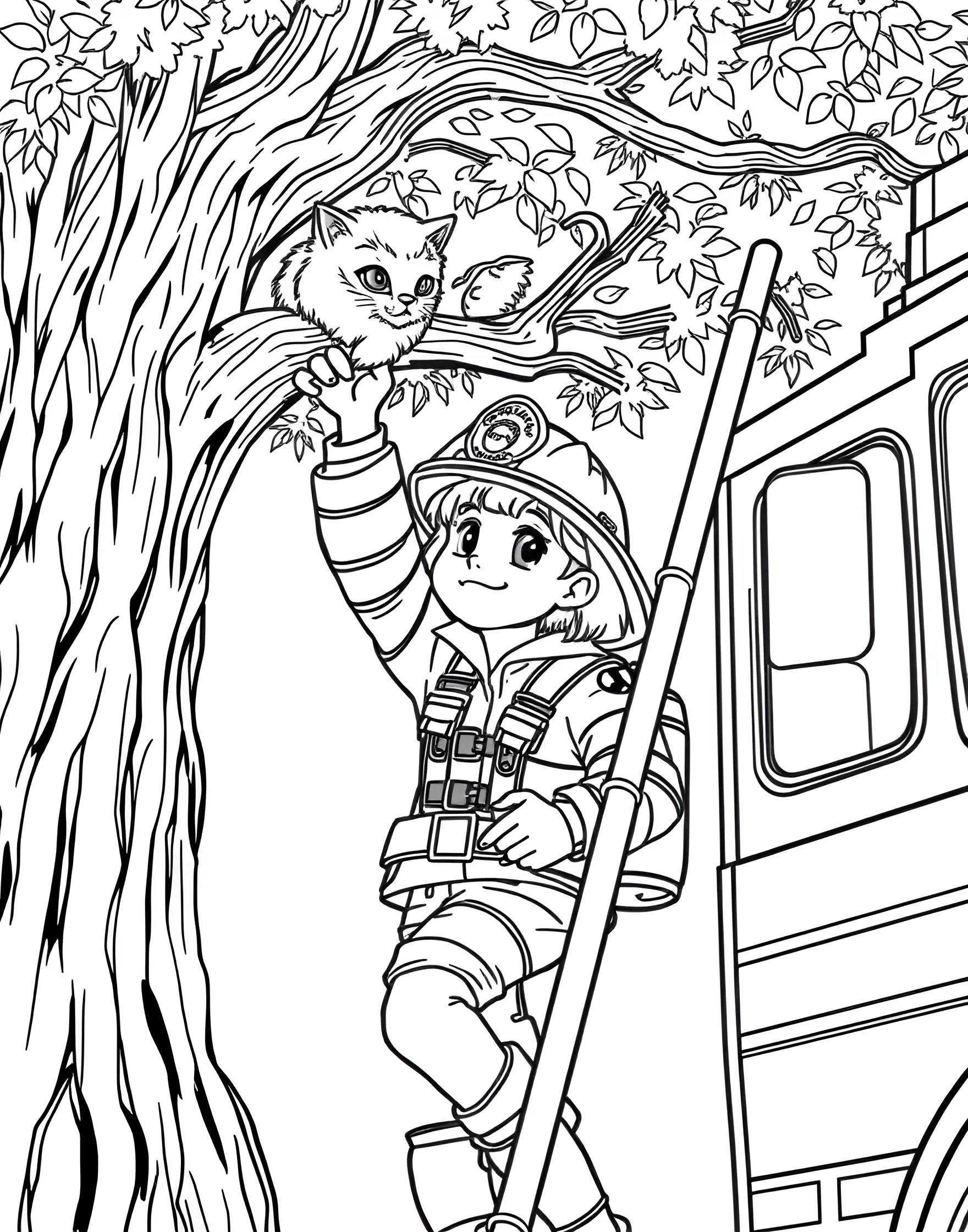 Girl Firefighter Saving the Day Coloring Page -- prompt: "A girl firefighter in full gear rescuing a cat from a tree, with a fire truck nearby." -- Honor bravery with this coloring page of a girl firefighter in action. She's shown rescuing a cat from a tree, fully geared up in her firefighter uniform. This page celebrates courage and community service.