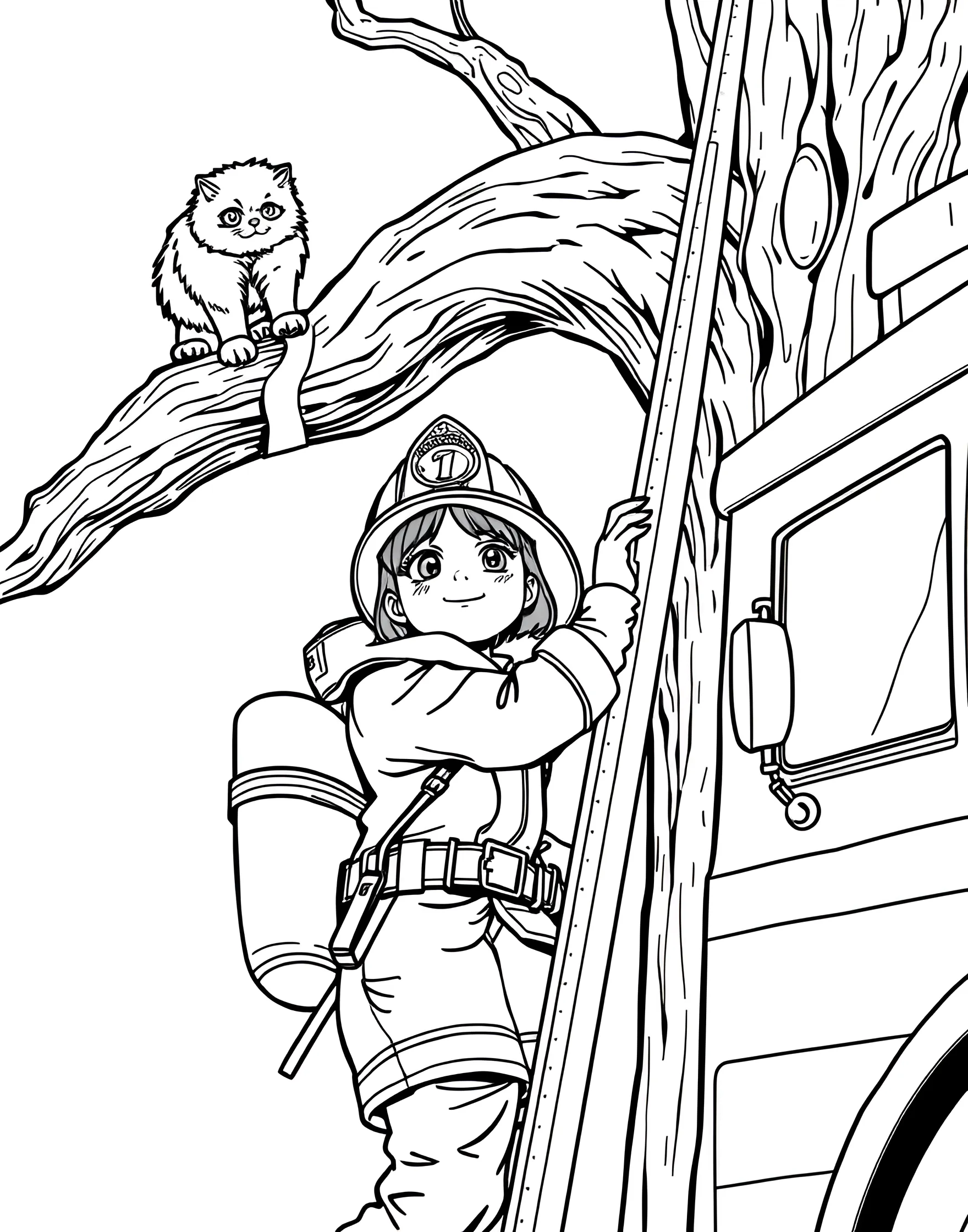 Girl Firefighter Saving the Day Coloring Page -- prompt: "A girl firefighter in full gear rescuing a cat from a tree, with a fire truck nearby." -- Honor bravery with this coloring page of a girl firefighter in action. She's shown rescuing a cat from a tree, fully geared up in her firefighter uniform. This page celebrates courage and community service.