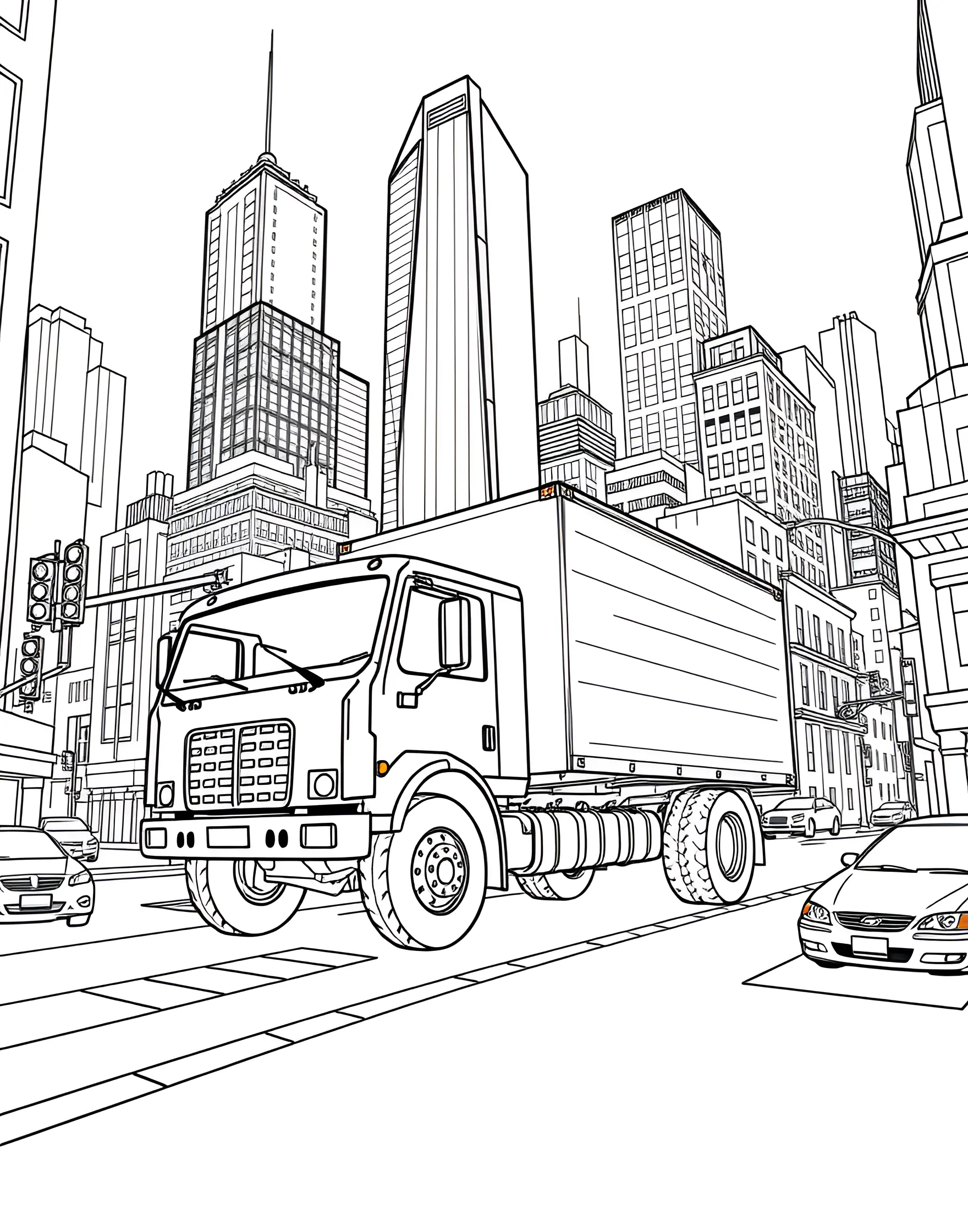 Delivery Truck in the City Coloring Page -- prompt: "A delivery truck navigating through busy city streets with tall buildings around." -- Keep the city moving with this Delivery Truck in the City coloring page! The efficient delivery truck is shown navigating busy streets, bringing packages to homes and businesses. This page provides an opportunity to discuss the importance of logistics and how goods are transported in urban areas while enjoying some cityscape coloring.