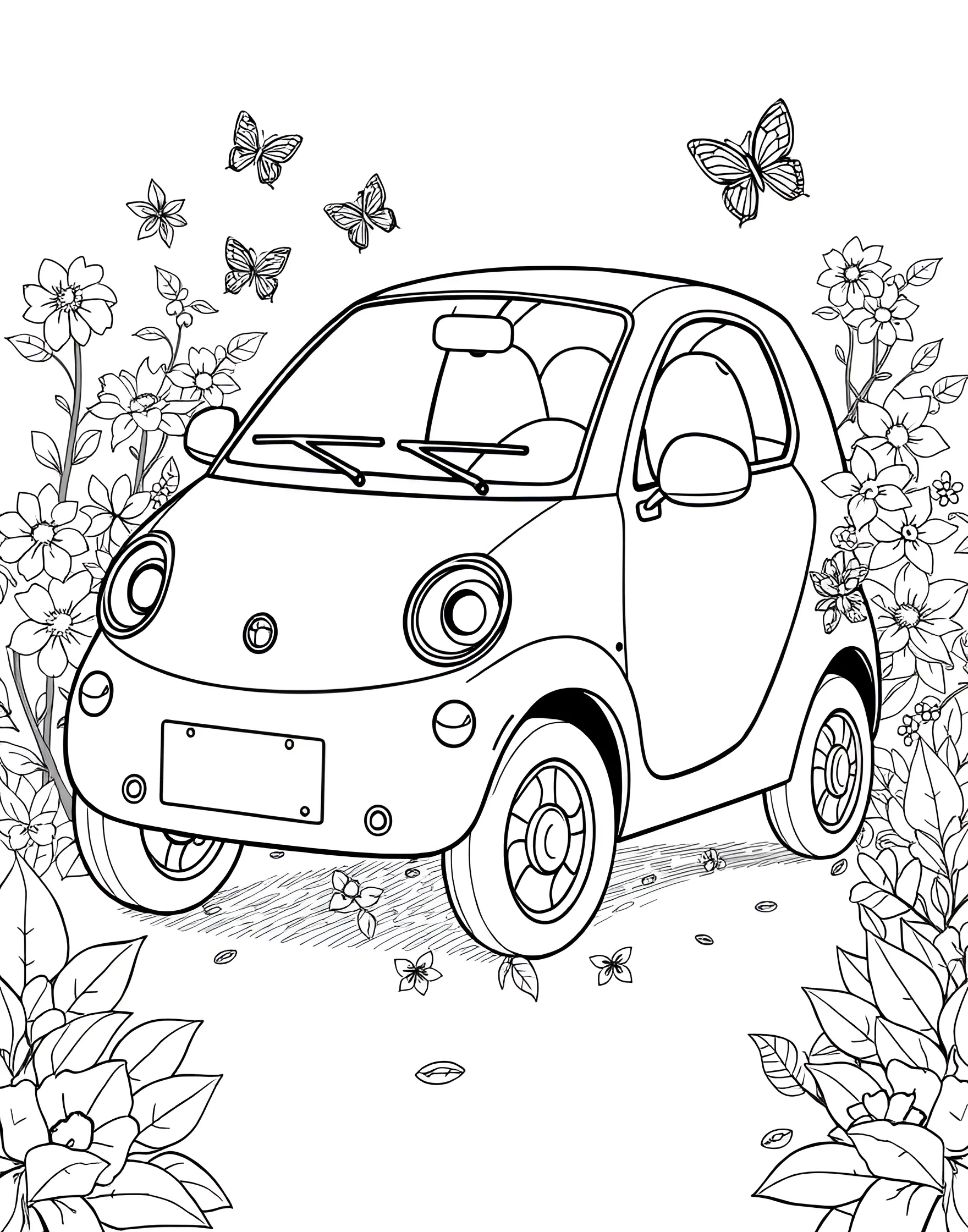 Cute Compact Car in a Flower Garden Coloring Page -- prompt: "A small, cute car parked in a colorful flower garden with butterflies flying around." -- Delight in the charm of this whimsical coloring page featuring a cute compact car parked in a vibrant flower garden. The small, friendly-looking vehicle is surrounded by blooming flowers, butterflies, and perhaps a garden gnome or two. It's an adorable choice for younger children who love cars and nature.