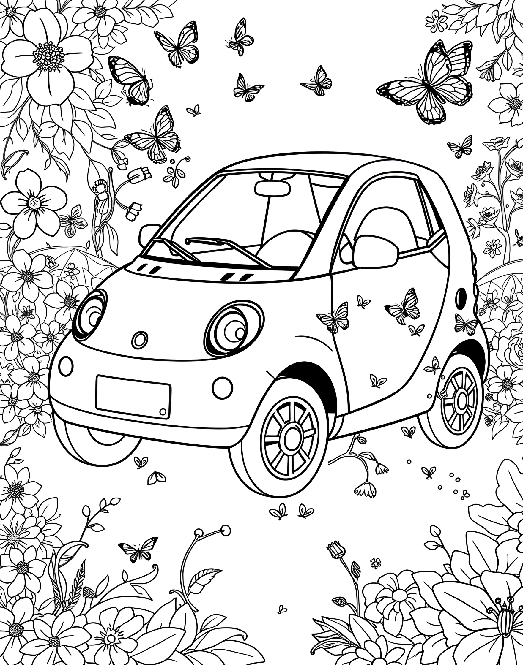 Cute Compact Car in a Flower Garden Coloring Page -- prompt: "A small, cute car parked in a colorful flower garden with butterflies flying around." -- Delight in the charm of this whimsical coloring page featuring a cute compact car parked in a vibrant flower garden. The small, friendly-looking vehicle is surrounded by blooming flowers, butterflies, and perhaps a garden gnome or two. It's an adorable choice for younger children who love cars and nature.