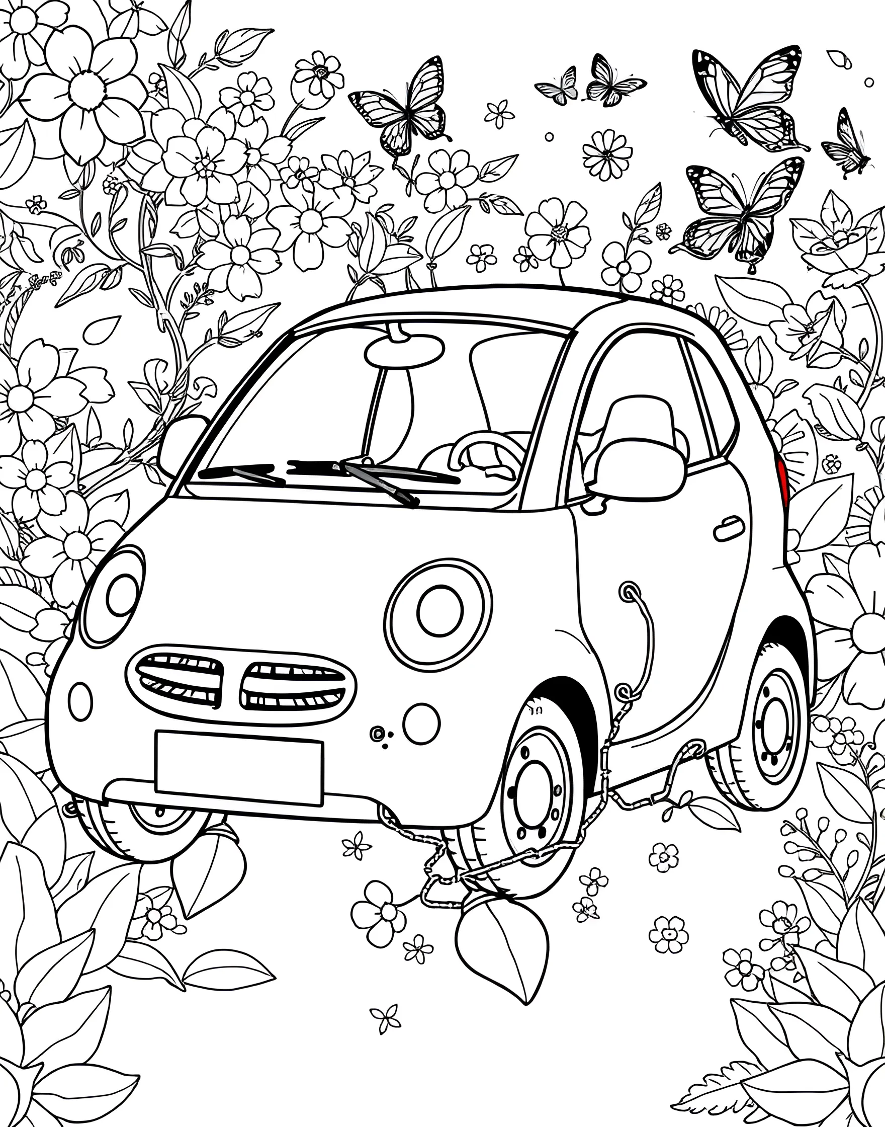 Cute Smart Car in a Flower Garden Coloring Page -- prompt: "A small, cute car parked in a colorful flower garden with butterflies flying around." -- Delight in the charm of this whimsical coloring page featuring a cute Smart car parked in a vibrant flower garden. The small, friendly-looking vehicle is surrounded by blooming flowers, butterflies, and perhaps a garden gnome or two. It's an adorable choice for younger children who love cars and nature.