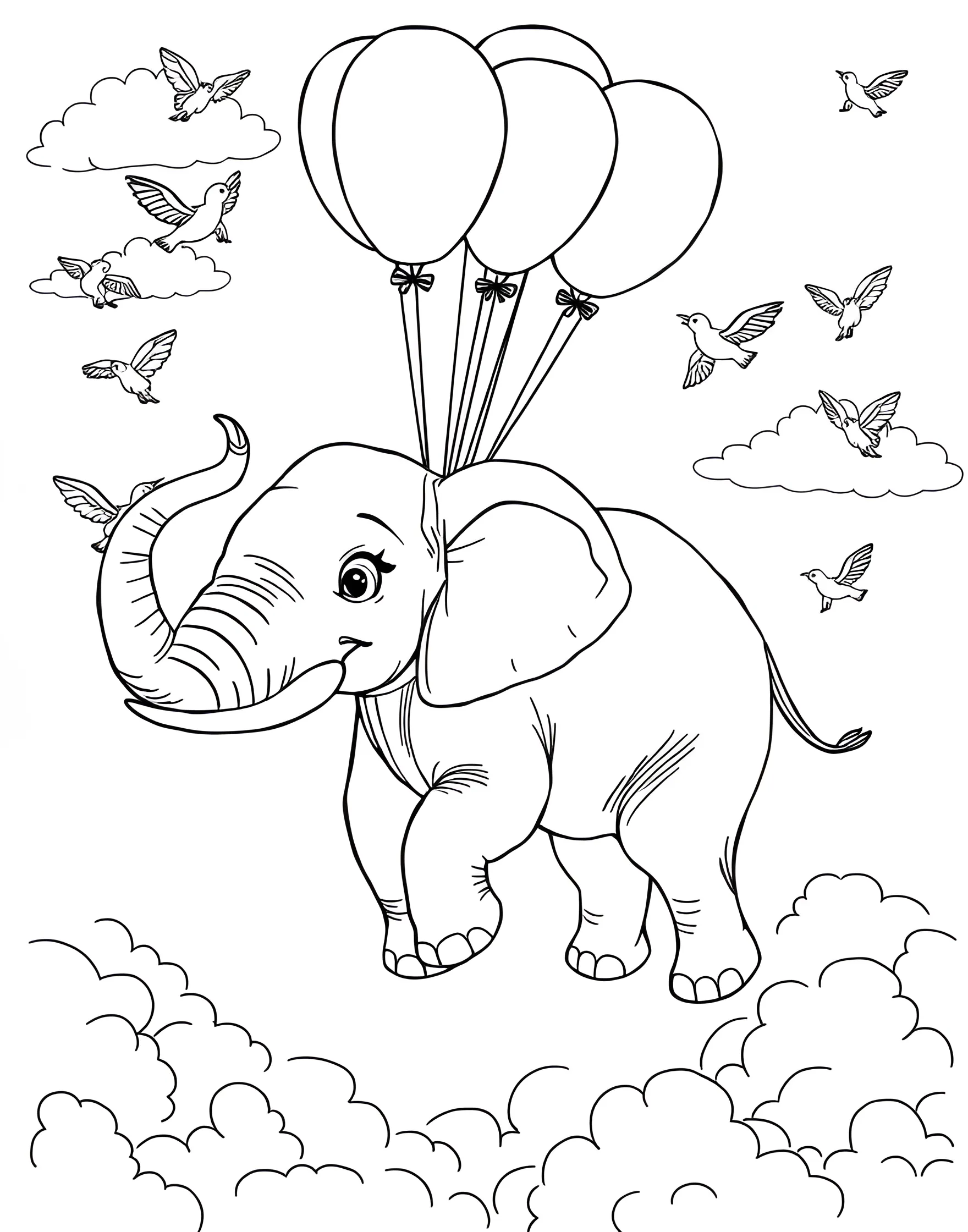 Elephant's Balloon Flight Coloring Page -- prompt: "An elephant floating in the sky, held up by a bunch of balloons tied to its trunk, with birds and clouds around." -- Take to the skies with this whimsical coloring page featuring an elephant's airborne adventure. Our brave pachyderm floats through the air, held aloft by a bunch of colorful balloons tied to its trunk. Birds and clouds surround the elephant, adding to the sense of height and freedom.