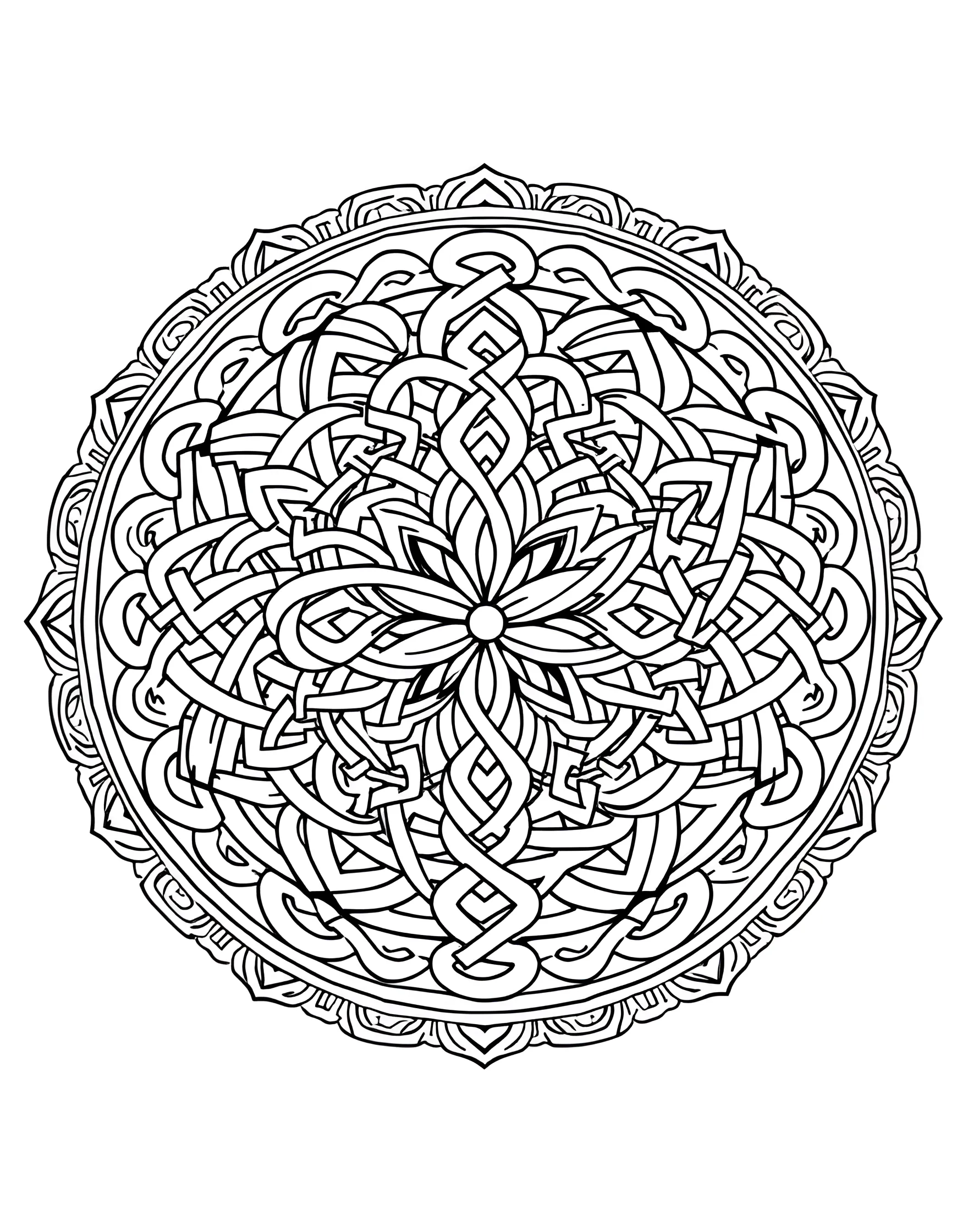 Celtic Knot Mandala Coloring Page -- prompt: "A circular mandala featuring complex Celtic knotwork patterns, with intertwining lines forming an endless design." -- Explore the intricacy of Celtic art with this knotwork mandala. Endless loops and intertwining lines form a mesmerizing circular pattern. As you follow the paths with your coloring tools, you'll feel a connection to ancient Celtic traditions.