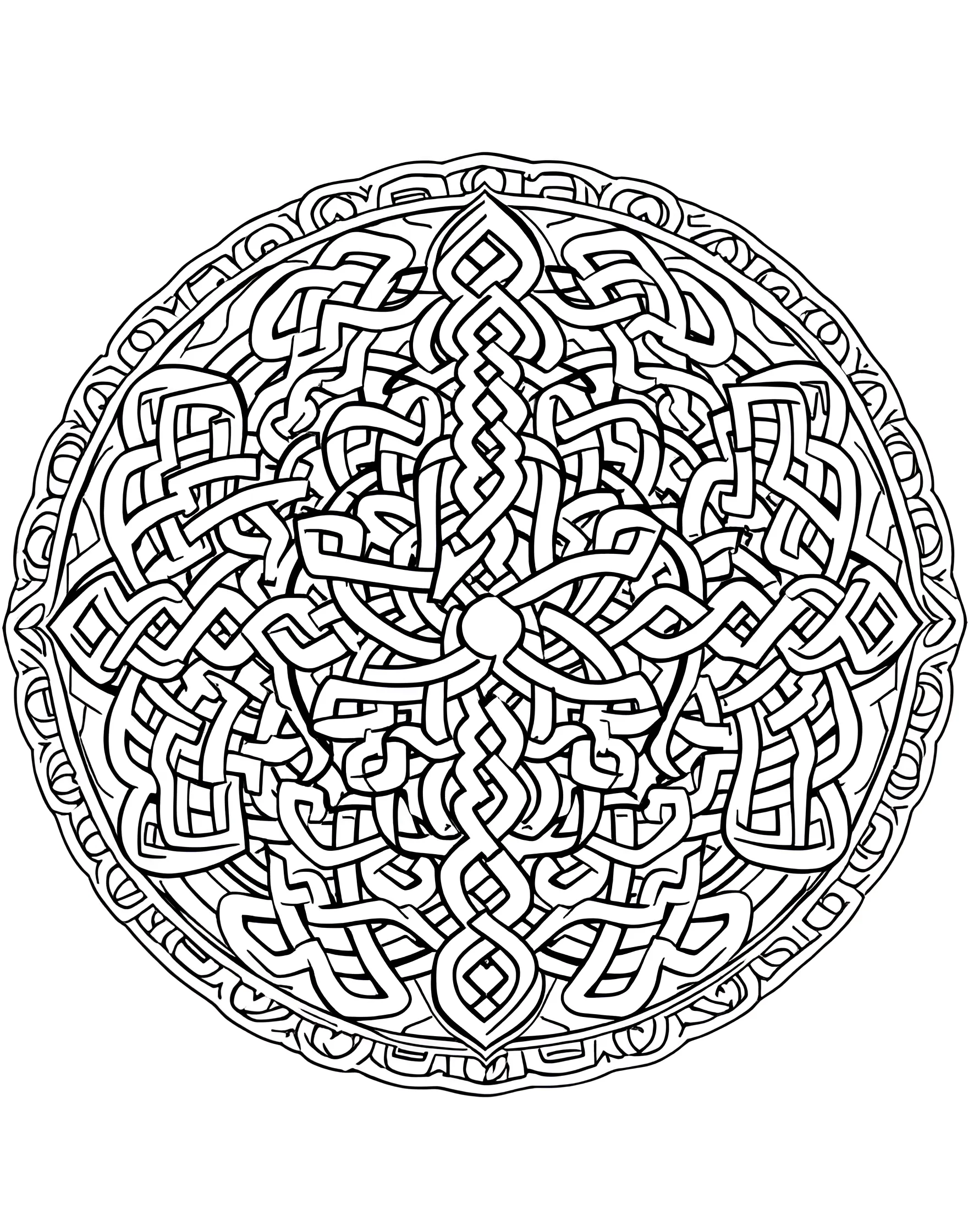 Celtic Knot Mandala Coloring Page -- prompt: "A circular mandala featuring complex Celtic knotwork patterns, with intertwining lines forming an endless design." -- Explore the intricacy of Celtic art with this knotwork mandala. Endless loops and intertwining lines form a mesmerizing circular pattern. As you follow the paths with your coloring tools, you'll feel a connection to ancient Celtic traditions.