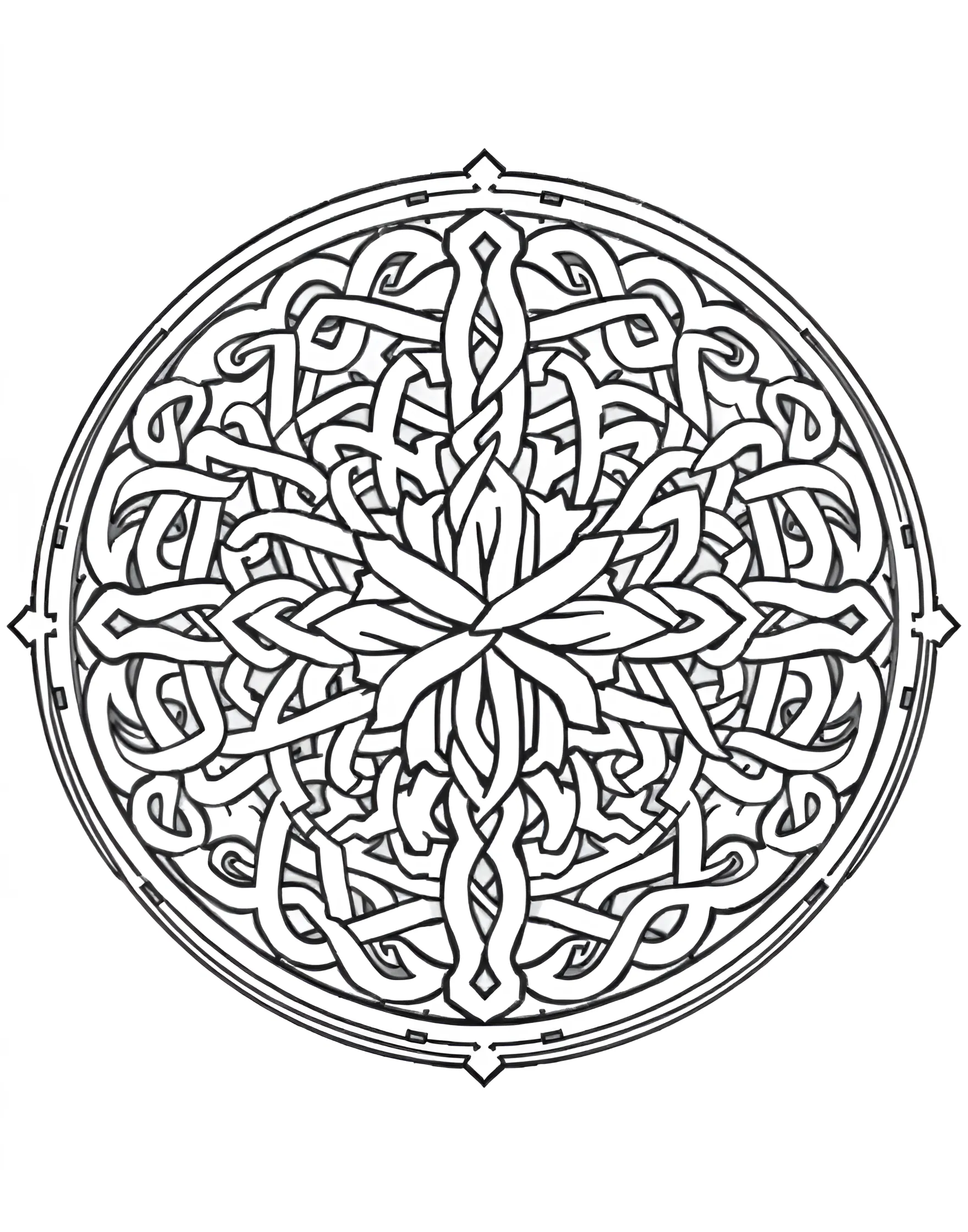 Celtic Knot Mandala Coloring Page -- prompt: "A circular mandala featuring complex Celtic knotwork patterns, with intertwining lines forming an endless design." -- Explore the intricacy of Celtic art with this knotwork mandala. Endless loops and intertwining lines form a mesmerizing circular pattern. As you follow the paths with your coloring tools, you'll feel a connection to ancient Celtic traditions.