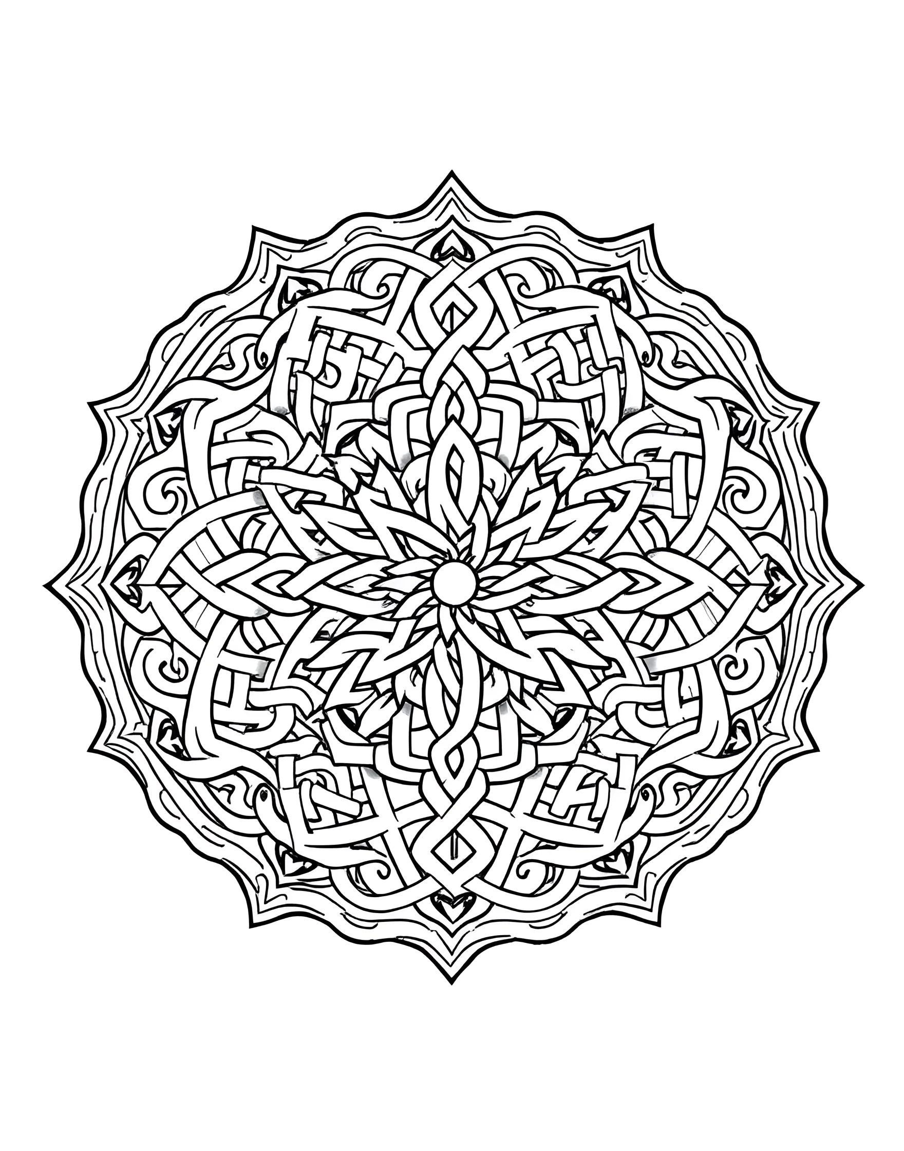 Celtic Knot Mandala Coloring Page -- prompt: "A circular mandala featuring complex Celtic knotwork patterns, with intertwining lines forming an endless design." -- Explore the intricacy of Celtic art with this knotwork mandala. Endless loops and intertwining lines form a mesmerizing circular pattern. As you follow the paths with your coloring tools, you'll feel a connection to ancient Celtic traditions.