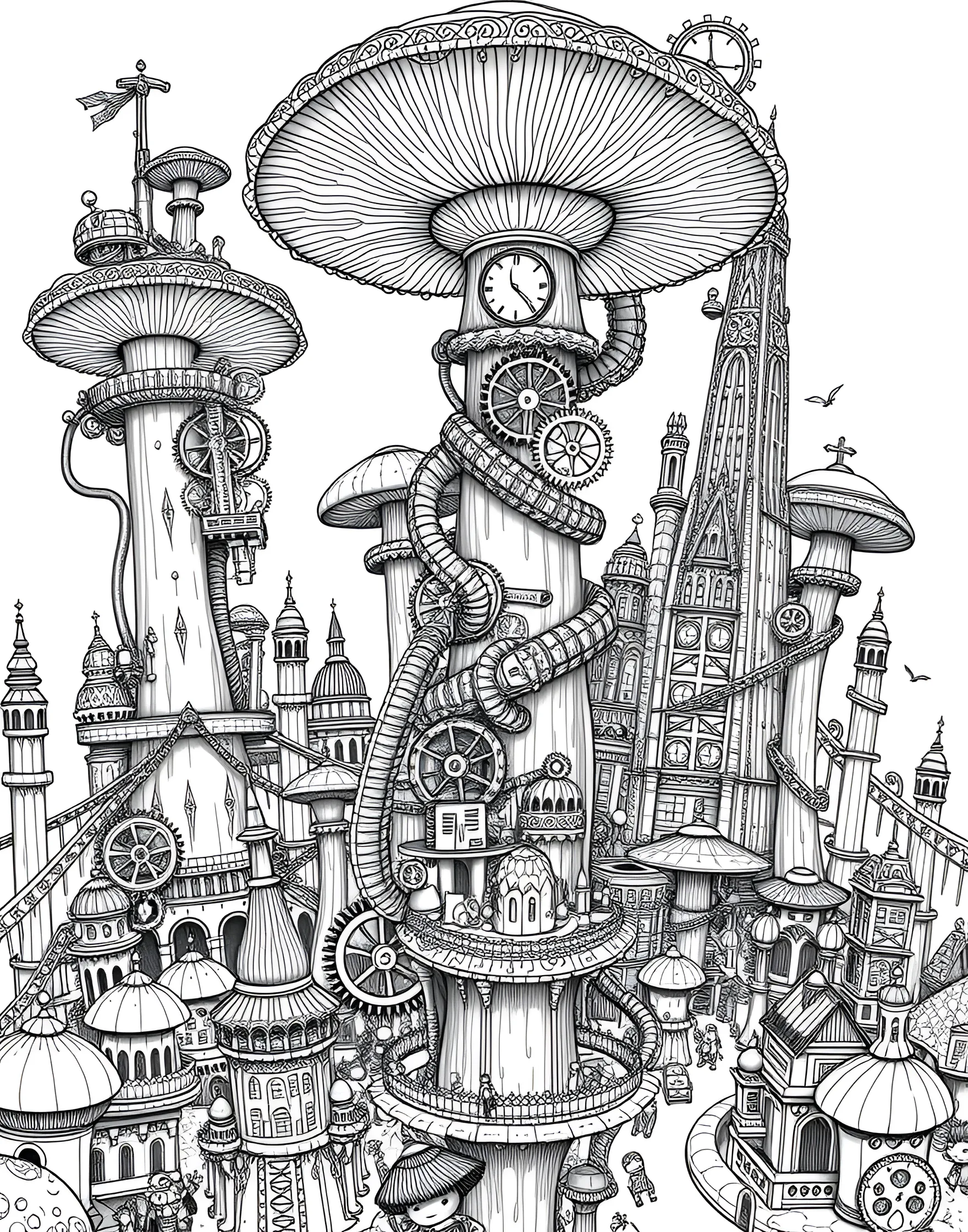 Steampunk Mushroom City Coloring Page -- prompt: "A cityscape made of giant mushrooms with steampunk elements like gears, pipes, and Victorian-era decorations." -- Explore a fantastic world where nature meets technology in this steampunk mushroom city. Towering mushrooms are adorned with gears, pipes, and other mechanical elements, creating a unique urban landscape. This page is perfect for those who love combining different themes and imagining alternative worlds.