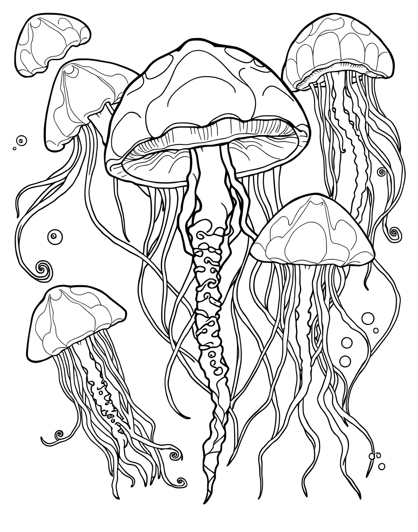 Jellyfish Ballet Coloring Page -- prompt: "A group of different jellyfish species floating in deep ocean water, with their tentacles trailing beneath them." -- Dive into the mesmerizing world of jellyfish with this ethereal coloring page. The scene shows various species of jellyfish floating gracefully in the ocean depths, their tentacles trailing behind them. This page offers a unique chance to explore translucent effects and learn about marine invertebrates.