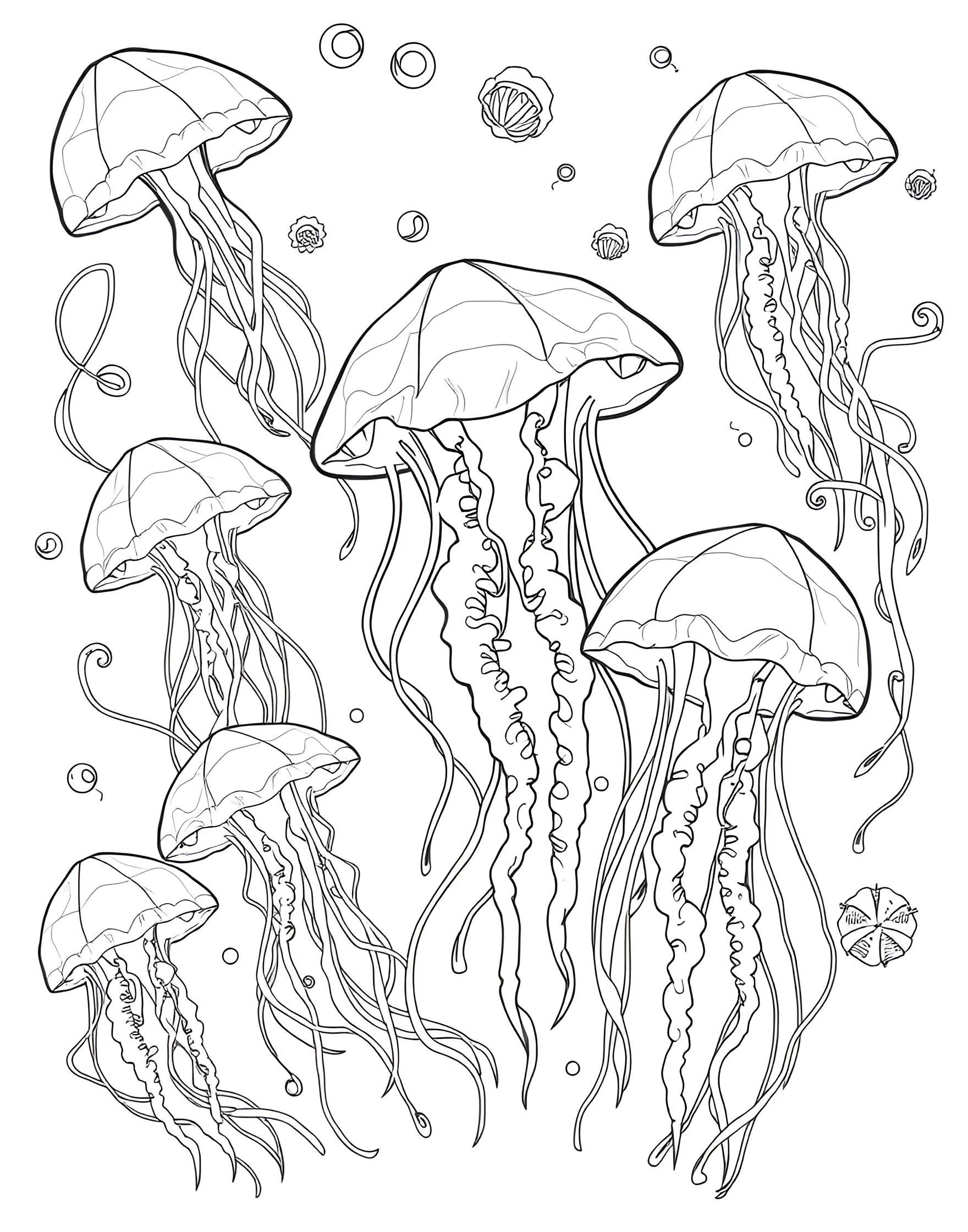 Jellyfish Ballet Coloring Page -- prompt: "A group of different jellyfish species floating in deep ocean water, with their tentacles trailing beneath them." -- Dive into the mesmerizing world of jellyfish with this ethereal coloring page. The scene shows various species of jellyfish floating gracefully in the ocean depths, their tentacles trailing behind them. This page offers a unique chance to explore translucent effects and learn about marine invertebrates.