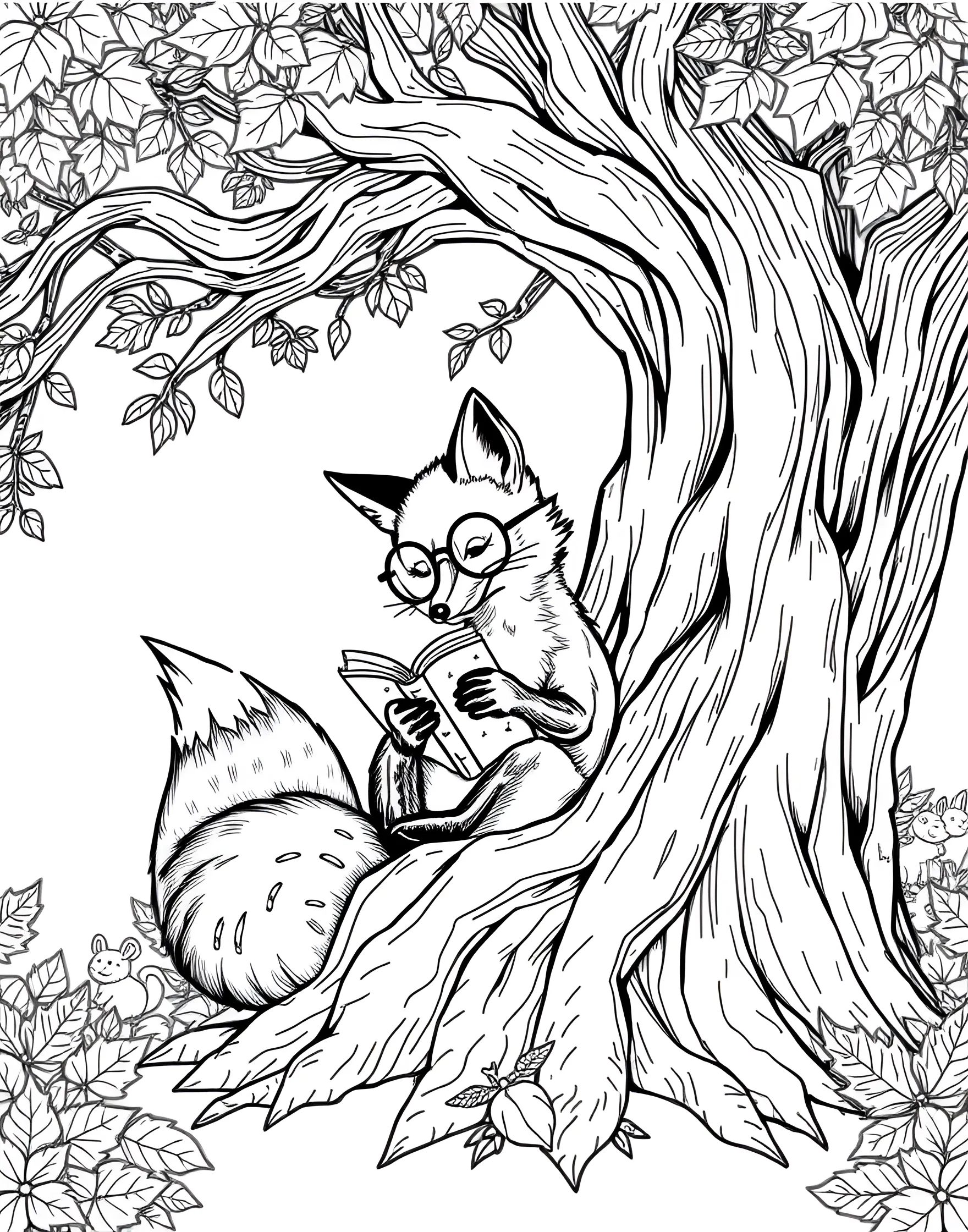 Clever Fox Reading a Book Coloring Page -- prompt: "A fox wearing glasses, reading a book under a tree." -- This whimsical coloring page depicts a scholarly fox engrossed in a large book. Seated comfortably under a tree, the fox wears tiny spectacles, adding a touch of humor to the scene. It's a fantastic page for book lovers and those who appreciate the fox's reputation for intelligence.