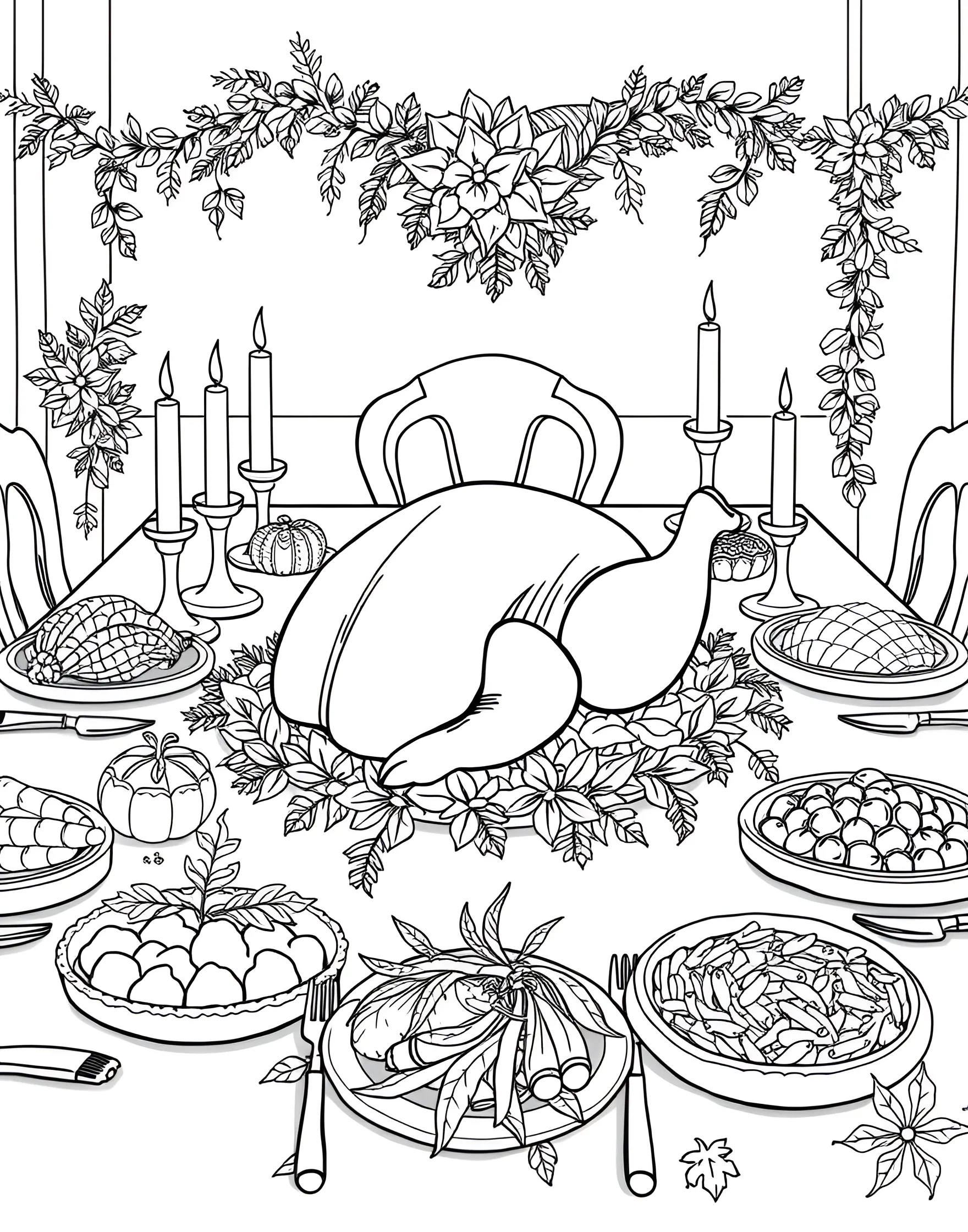 Thanksgiving Feast Coloring Page -- prompt: "A Thanksgiving table set with a roast turkey, various side dishes, and decorative elements." -- Celebrate the holiday season with this Thanksgiving-themed coloring page. A table laden with traditional dishes like turkey, stuffing, and pumpkin pie creates a festive scene. It's a great way to get into the holiday spirit through coloring.