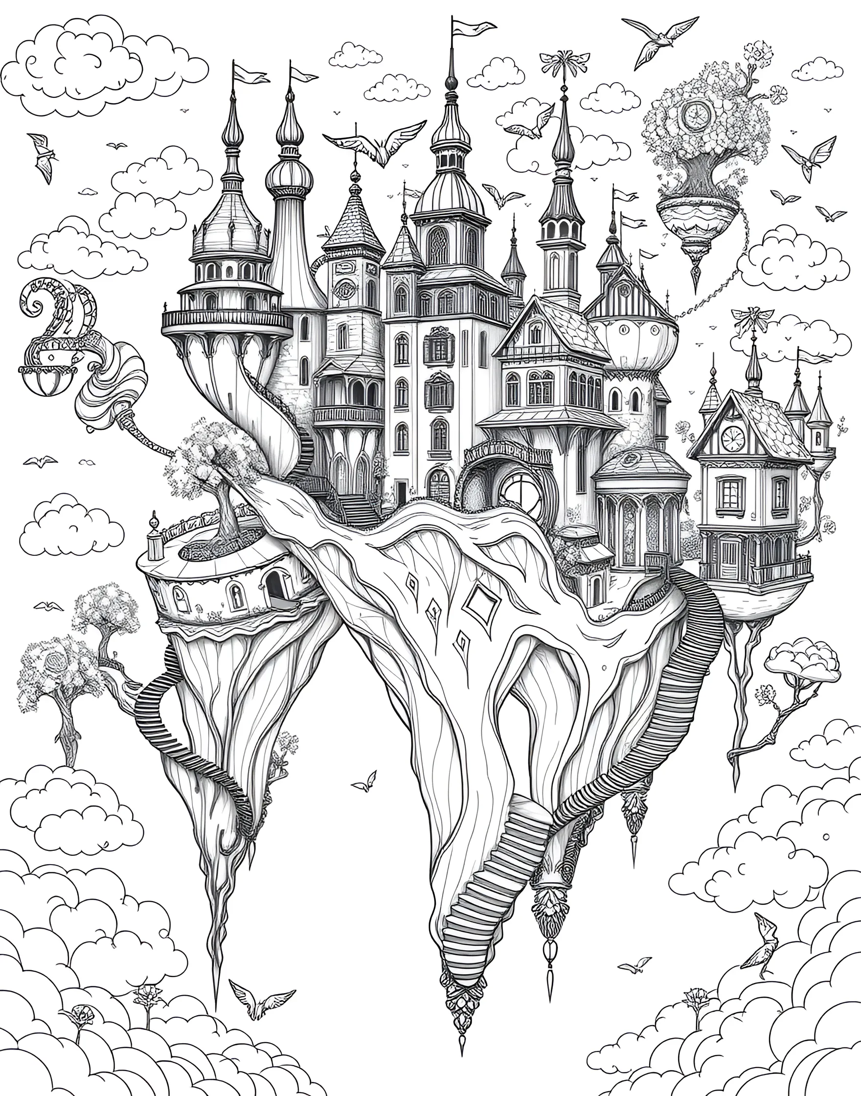 Surreal Dreamscape Coloring Page -- prompt: "A surreal landscape with floating islands, upside-down buildings, and fantastical elements blended together." -- Explore the depths of imagination with this surreal dreamscape coloring page. The design blends unexpected elements like floating islands, upside-down buildings, and fantastical creatures to create a truly unique scene. As you color, let your creativity flow and bring this dream world to vibrant life.