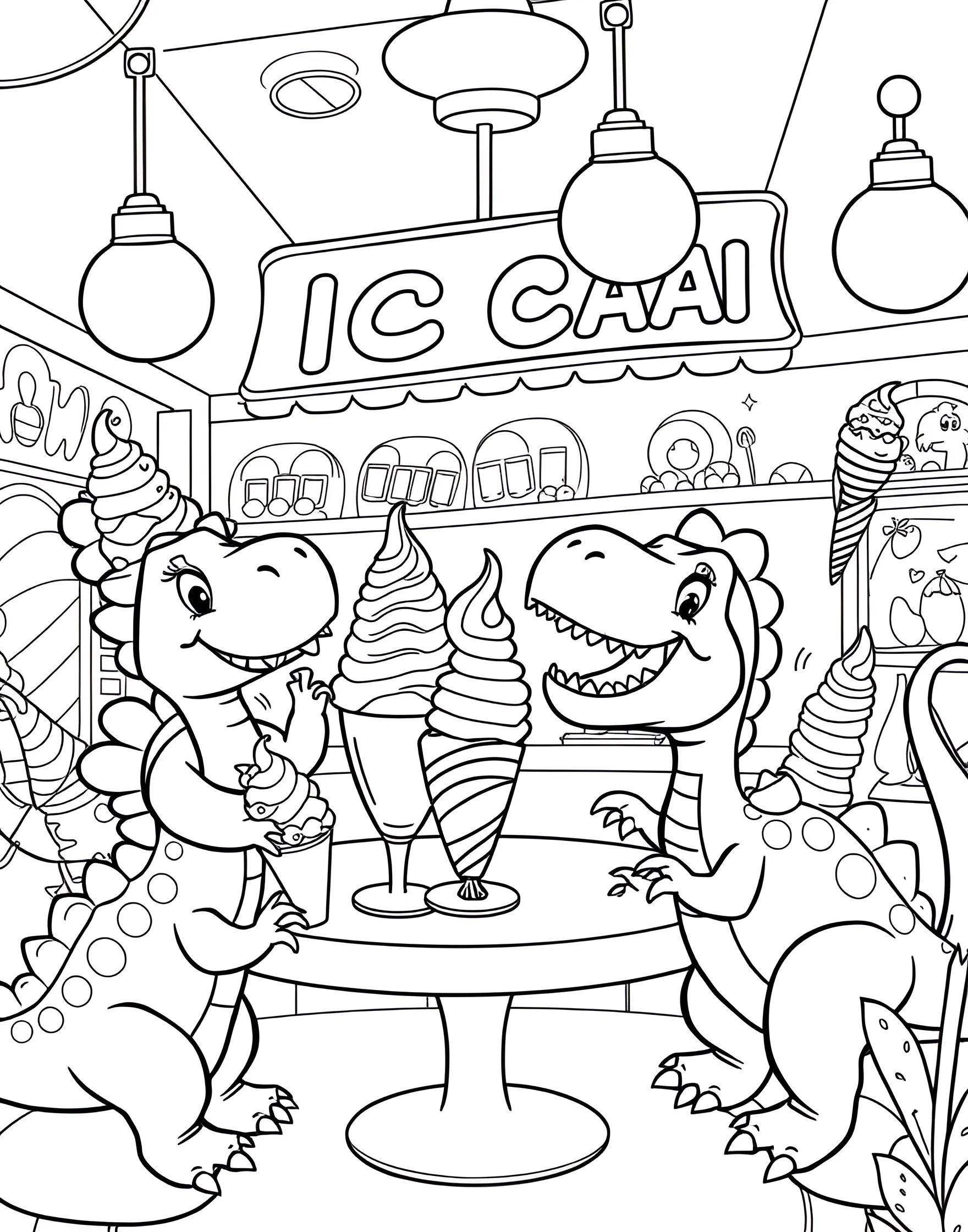 Dinosaur's Ice Cream Parlor Adventure Coloring Page -- prompt: "Cute dinosaurs running and enjoying an ice cream parlor with various ice cream treats." -- Step into a world where prehistoric meets delicious with this charming coloring page featuring dinosaurs running an ice cream parlor. The scene shows various dinosaur species scooping, serving, and enjoying ice cream treats. It's a whimsical blend of dinosaur fun and sweet treats that's sure to delight.