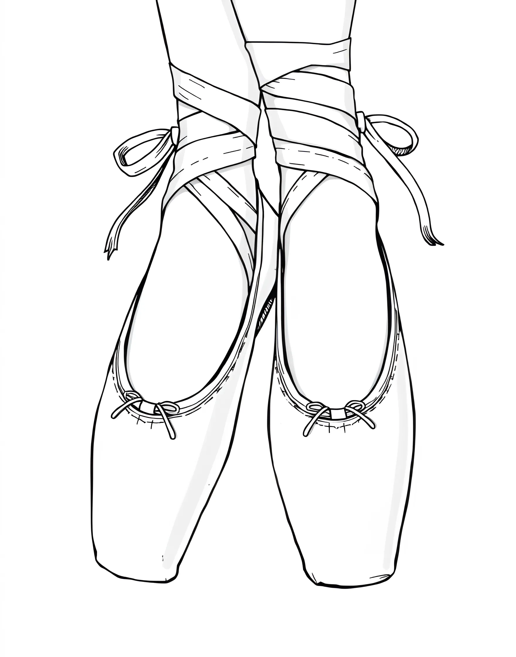 Ballet Shoes Close-Up Coloring Page -- prompt: "A close-up view of a pair of ballet pointe shoes, showing intricate details of the satin, ribbons, and stitching." -- This detailed coloring page focuses on the iconic ballet shoe. It shows a close-up view of pointe shoes, highlighting the ribbons, box, and delicate stitching. This page is perfect for those who appreciate the finer details of ballet equipment and enjoy intricate coloring.