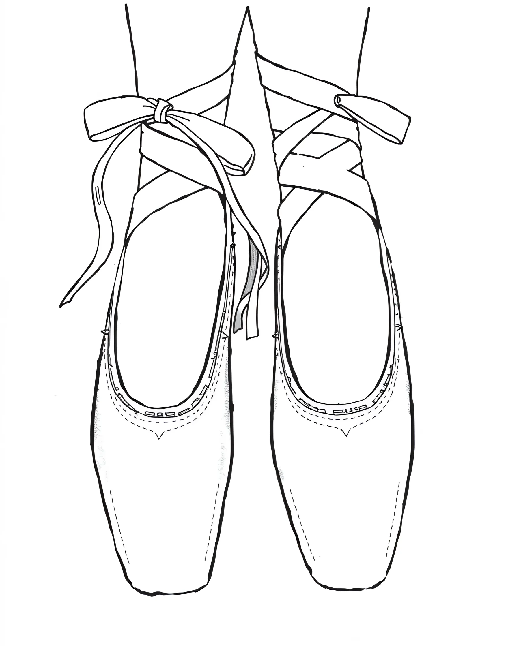 Ballet Shoes Close-Up Coloring Page -- prompt: "A close-up view of a pair of ballet pointe shoes, showing intricate details of the satin, ribbons, and stitching." -- This detailed coloring page focuses on the iconic ballet shoe. It shows a close-up view of pointe shoes, highlighting the ribbons, box, and delicate stitching. This page is perfect for those who appreciate the finer details of ballet equipment and enjoy intricate coloring.