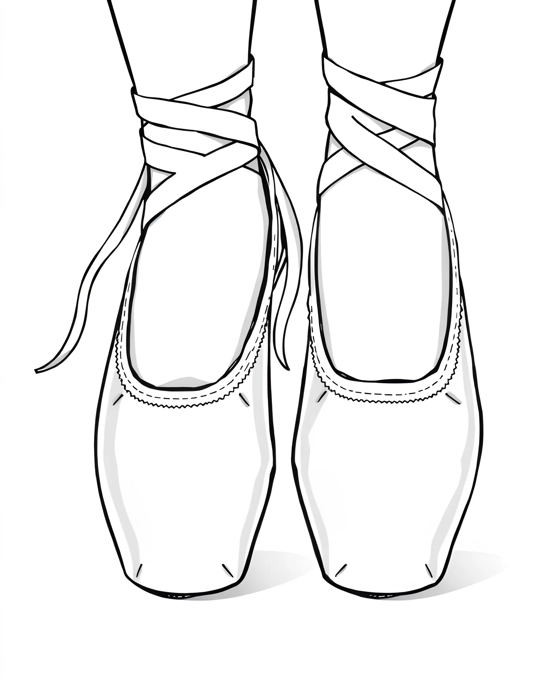 Ballet Shoes Close-Up Coloring Page -- prompt: "A close-up view of a pair of ballet pointe shoes, showing intricate details of the satin, ribbons, and stitching." -- This detailed coloring page focuses on the iconic ballet shoe. It shows a close-up view of pointe shoes, highlighting the ribbons, box, and delicate stitching. This page is perfect for those who appreciate the finer details of ballet equipment and enjoy intricate coloring.