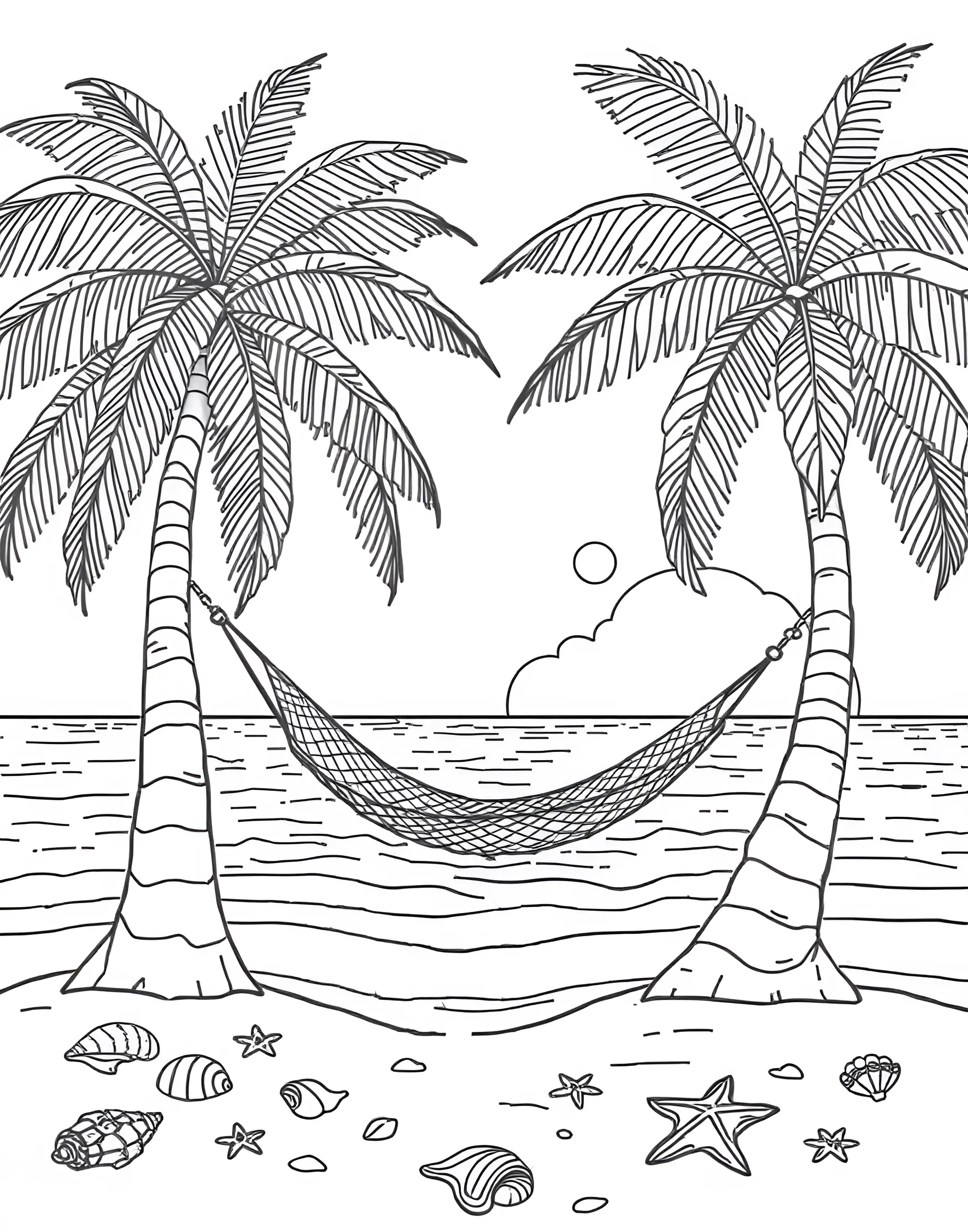 Tropical Beach Paradise Coloring Page -- prompt: "A secluded tropical beach with palm trees, clear waters, and a hammock swinging between trees." -- Escape to a secluded tropical beach with this idyllic coloring page. The scene features a pristine shoreline framed by lush palm trees, with crystal-clear waters stretching to the horizon. A cozy hammock swings between two trees, inviting you to imagine yourself relaxing in this peaceful paradise.