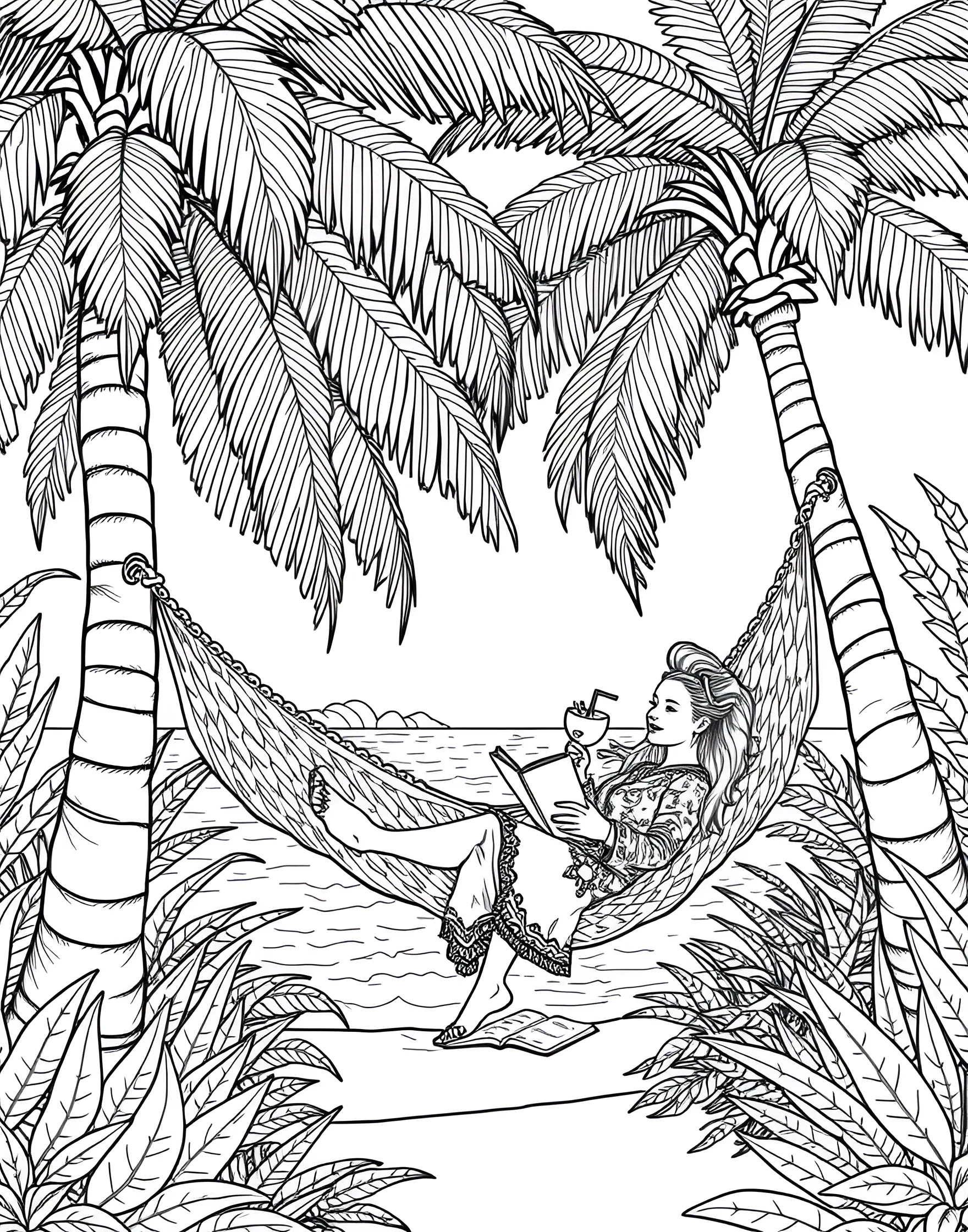 Summer Hammock Relaxation Coloring Page -- prompt: "A person relaxing in a hammock between palm trees with a book and drink." -- Unwind in style with this peaceful hammock scene. A person lounges in a hammock strung between two palm trees, with a book and cool drink nearby. This page embodies the ultimate summer relaxation and tranquility.