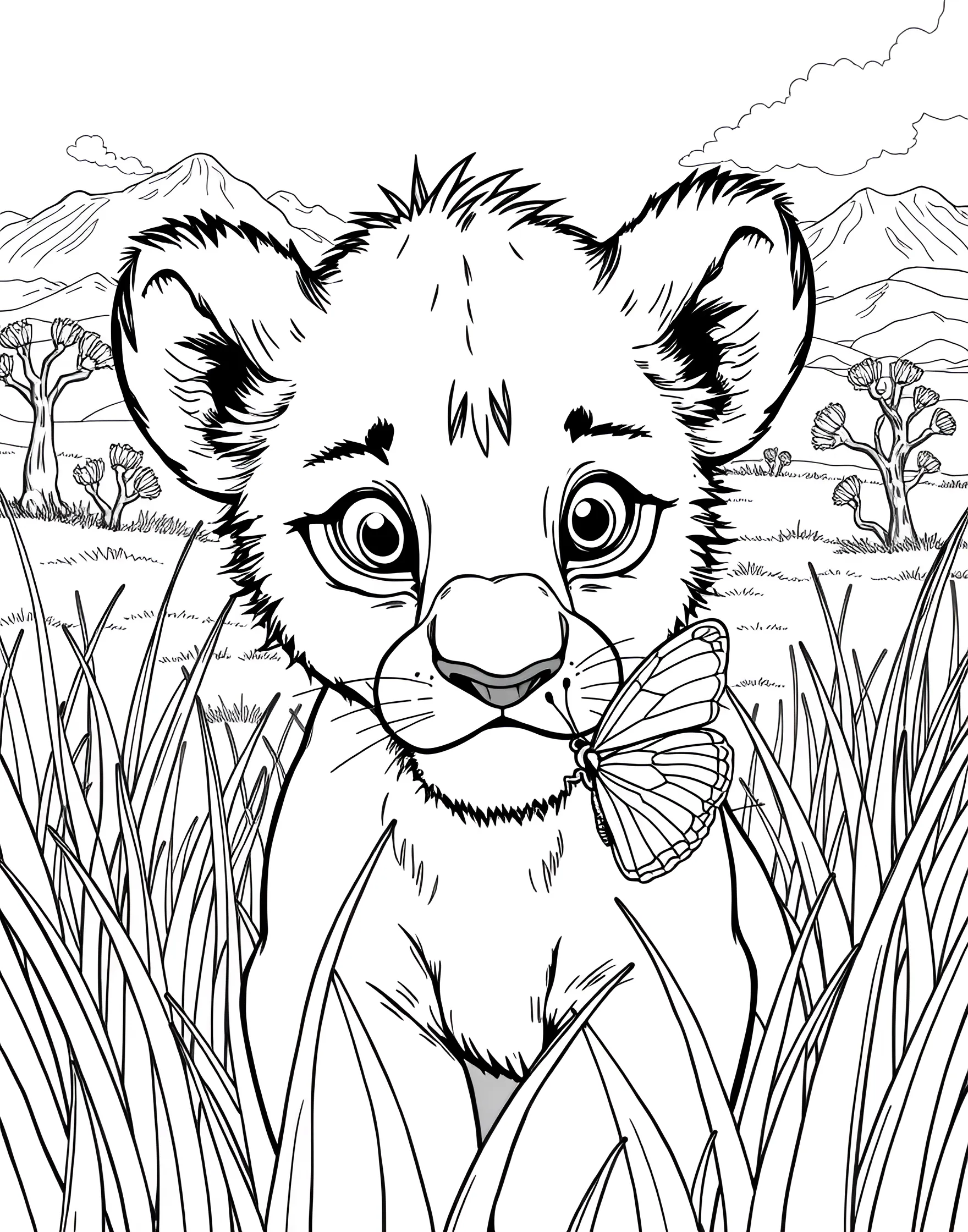 Curious Lion Cub Exploring Coloring Page -- prompt: "A curious lion cub watching a butterfly land on its nose in a grassy savanna setting." -- This endearing coloring page features a curious lion cub exploring its surroundings. The cub is seen investigating a colorful butterfly, capturing a moment of innocent discovery. It's a delightful choice for those who enjoy coloring cute and whimsical scenes.