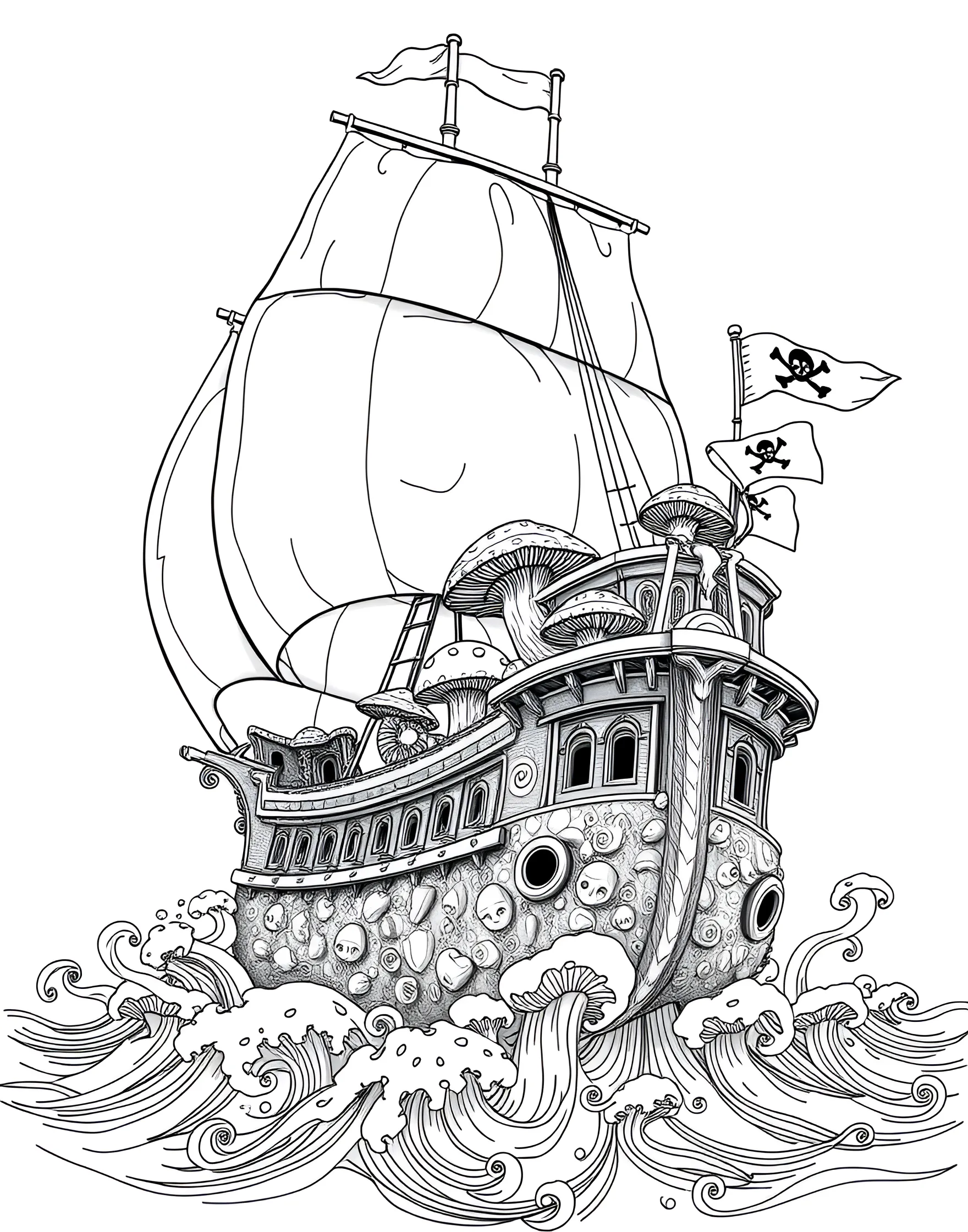 Mushroom Pirate Ship Coloring Page -- prompt: "A pirate ship with mushroom-shaped sails and fungal elements sailing on the open sea." -- Set sail on a fungal adventure with this mushroom pirate ship coloring page. A large ship with mushroom-shaped sails and fungal elements navigates through waves, ready for high-seas escapades. This unique combination of themes is sure to spark creativity and imagination.